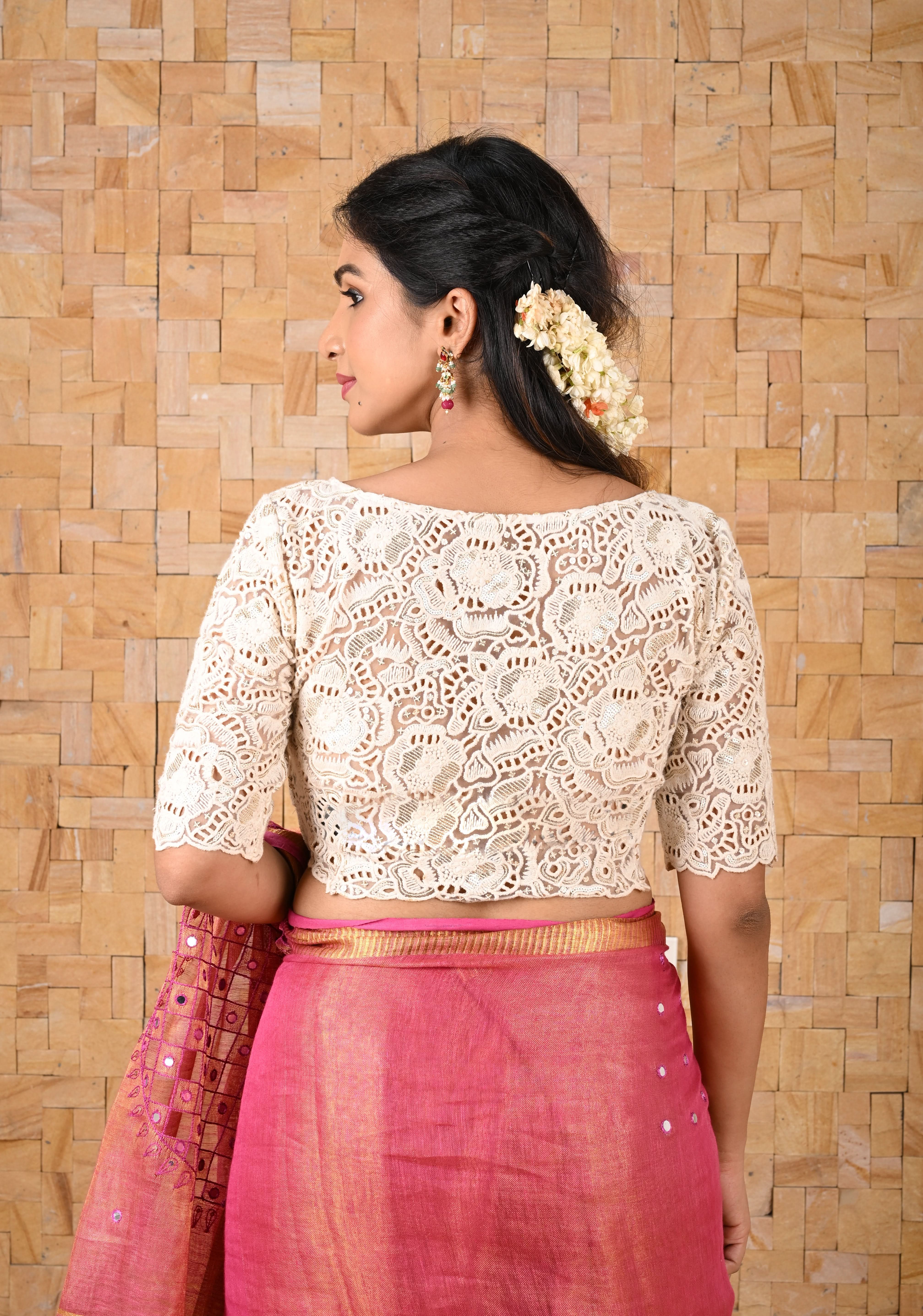 Crochet Style All Over jaal Ivory Blouse with Sheer Back and Sleeves, Customizable, Made to Order | Shobitam - Image 4