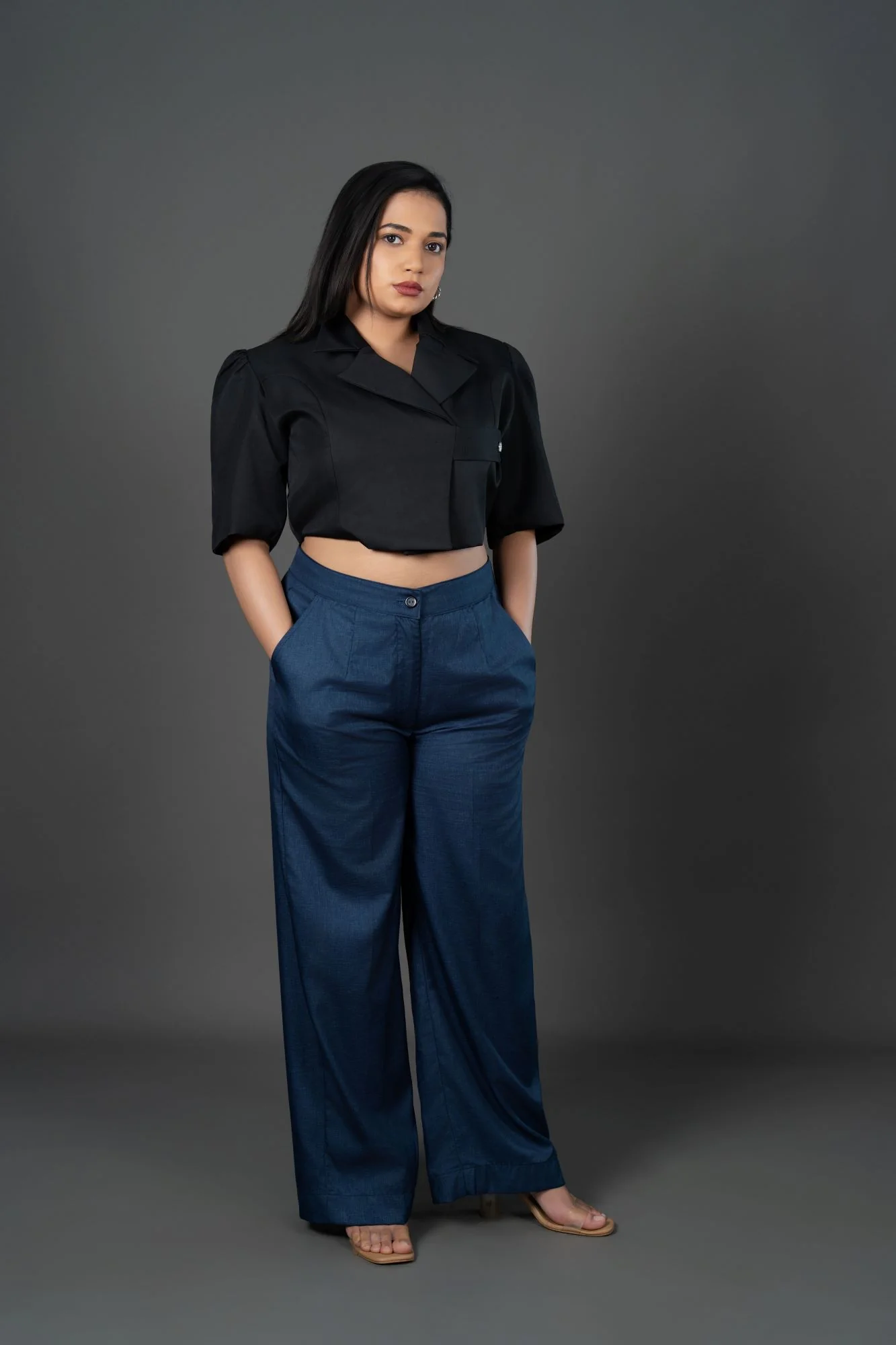 Cropped Structured Jacket-Style Waistcoat with Asymmetric Notch Collar Black Blazer - Image 5