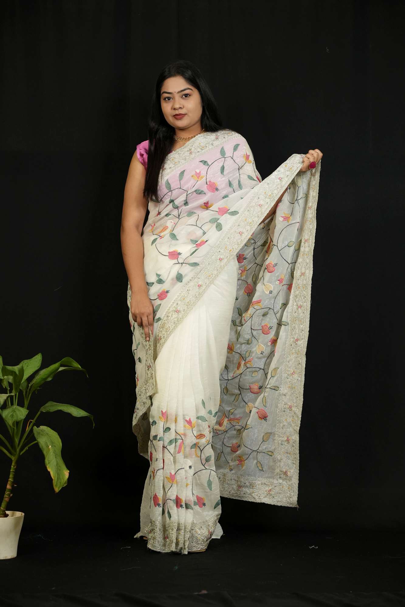 Crunchy Organza with Intricate Thread Embroidery Ready To Wear Saree - Image 3
