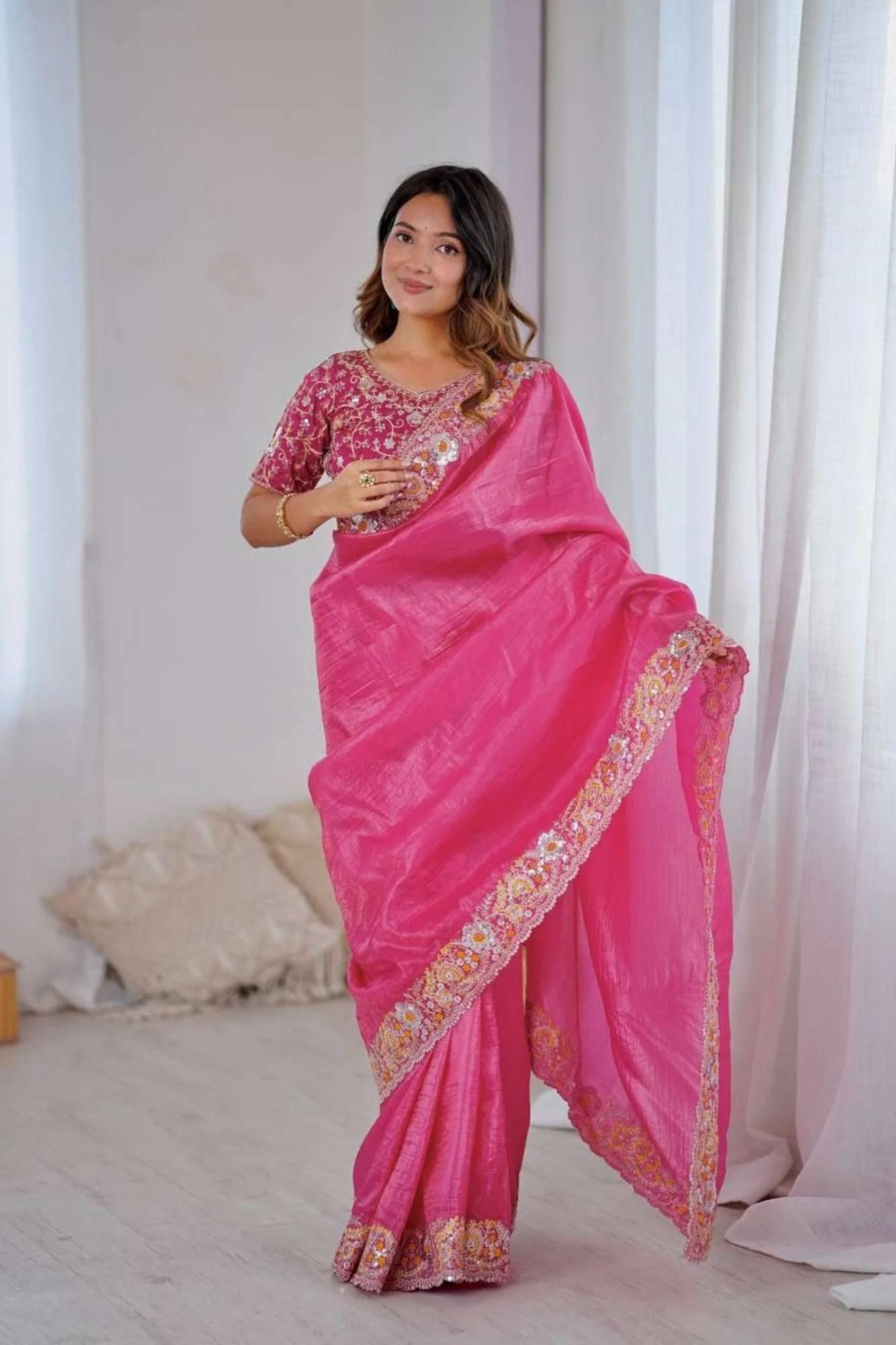 Crush Silk with Floral Maggam & Sequins Work Ready To Wear Saree - Image 13