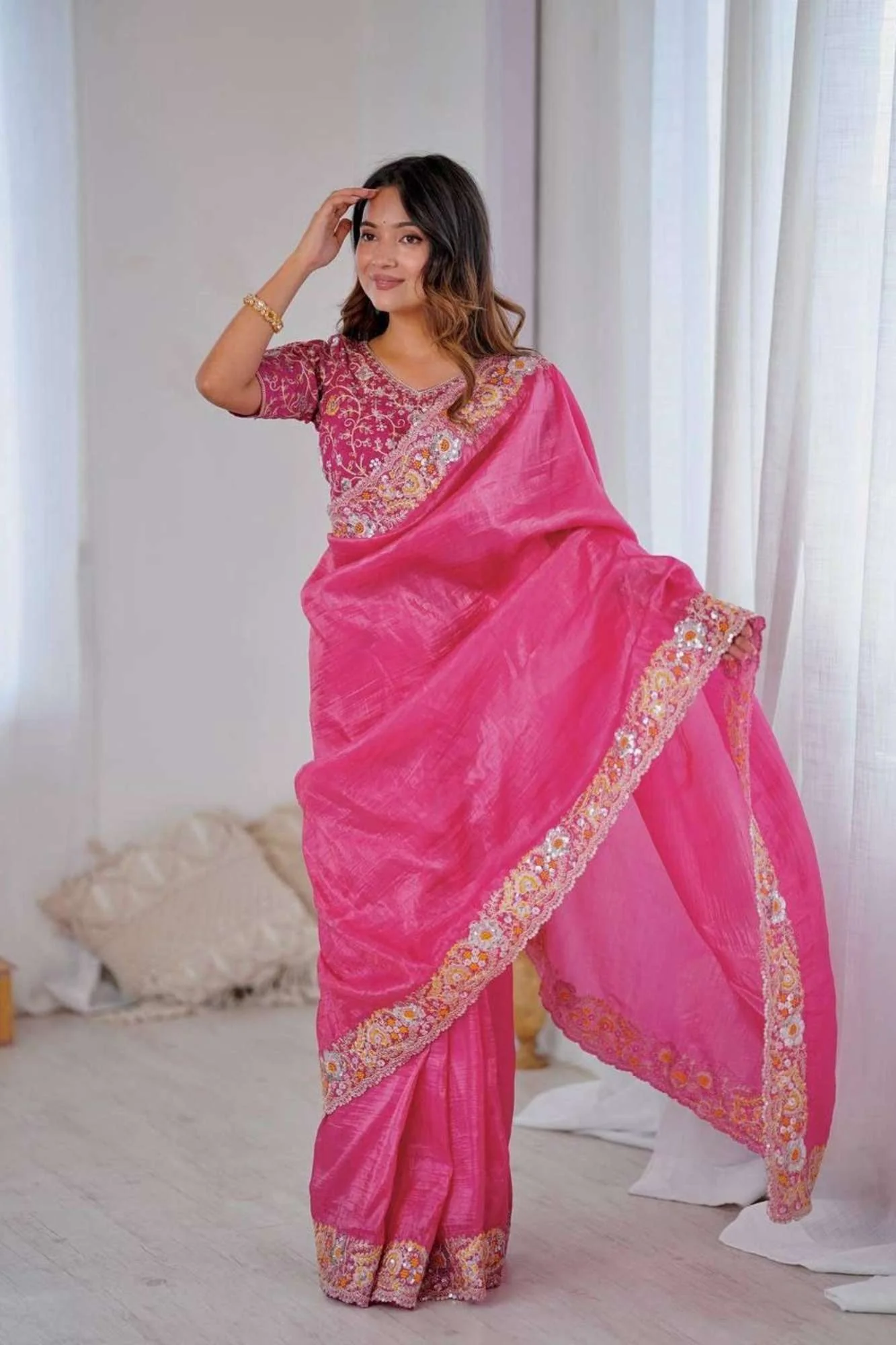 Crush Silk with Floral Maggam & Sequins Work Ready To Wear Saree - Image 14