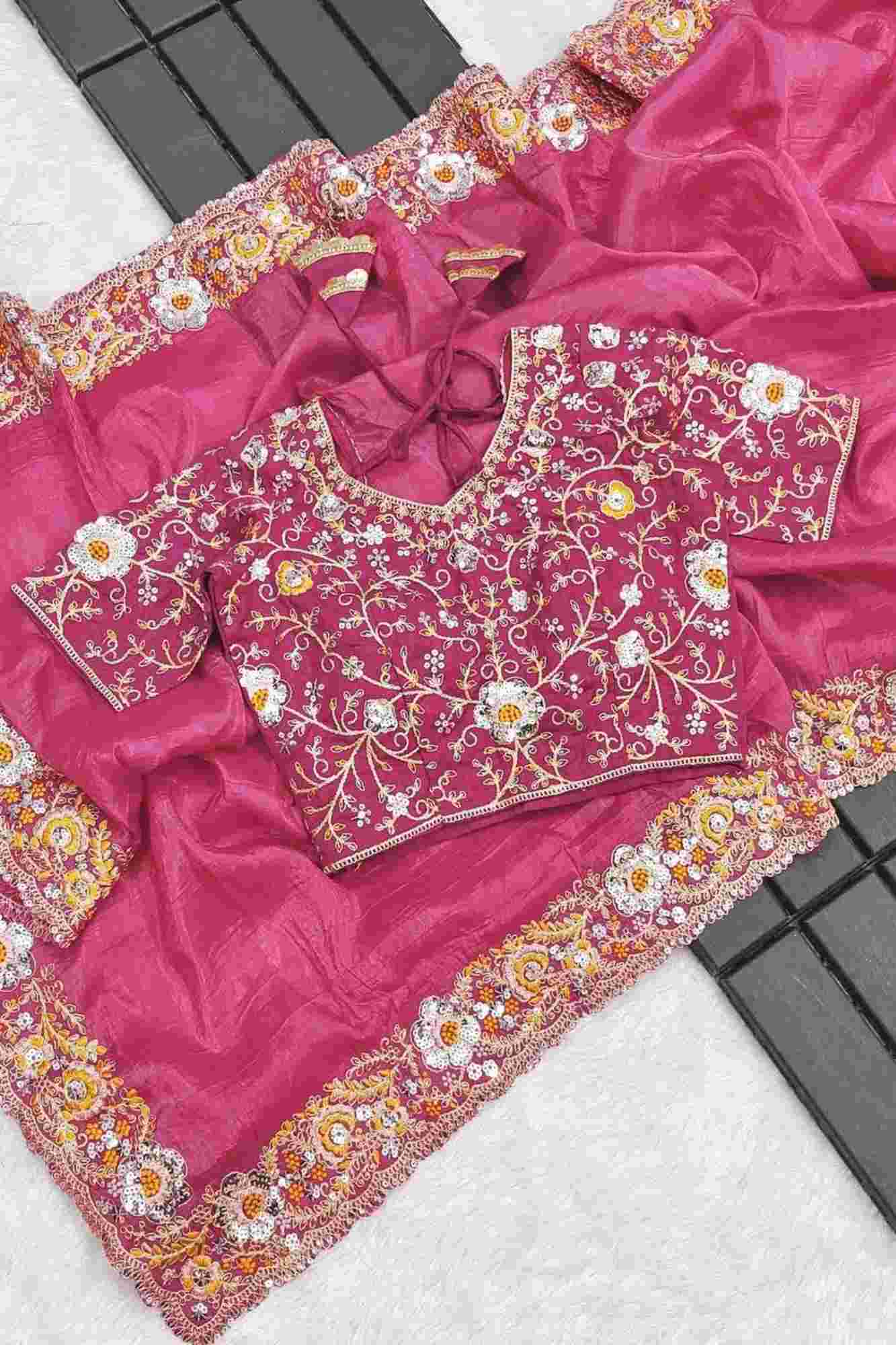 Crush Silk with Floral Maggam & Sequins Work Ready To Wear Saree - Image 16