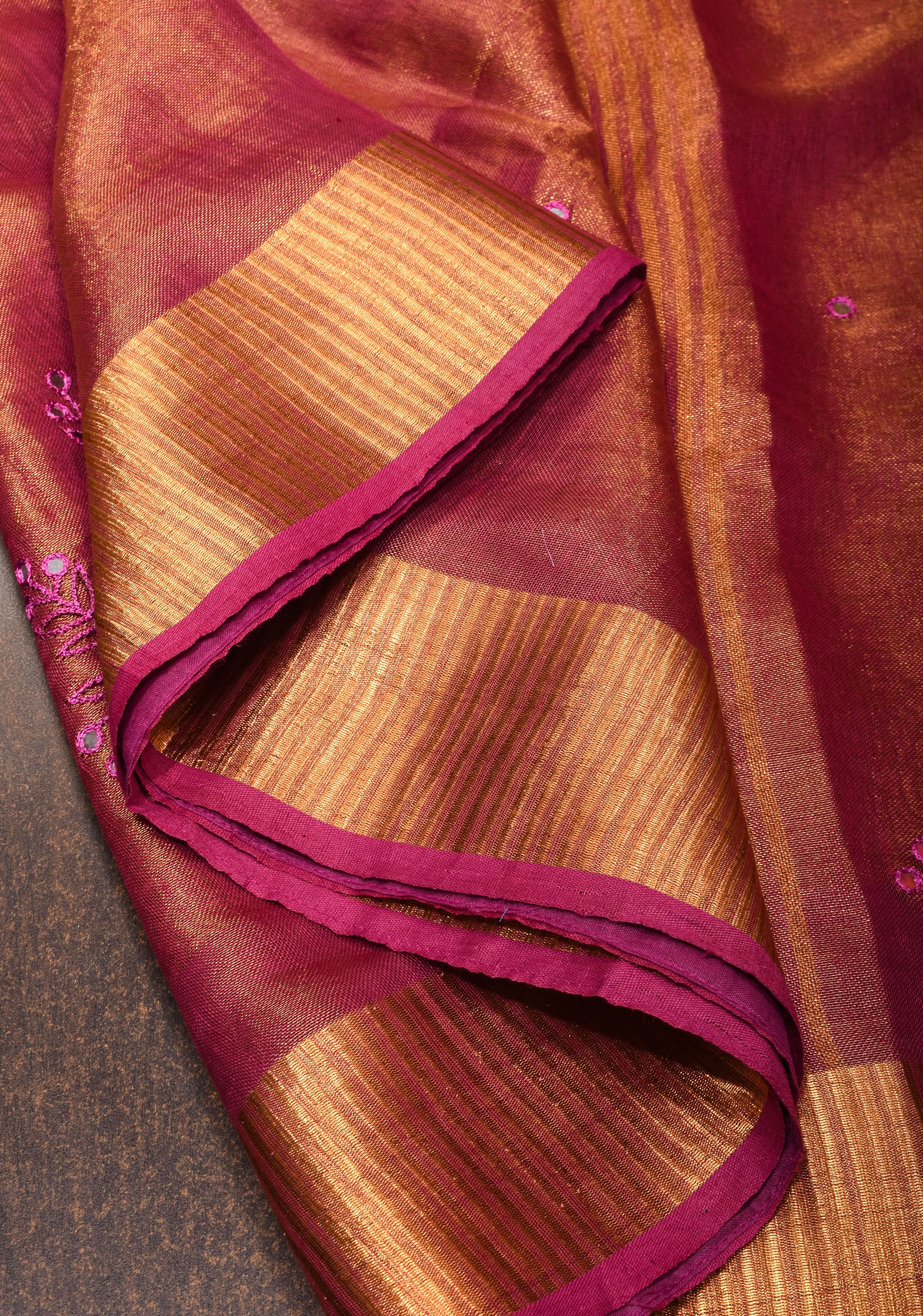 Tree Cutwork and Mirror Work Tissue Linen Saree in Magenta with pretty tassels | Shobitam - Image 12