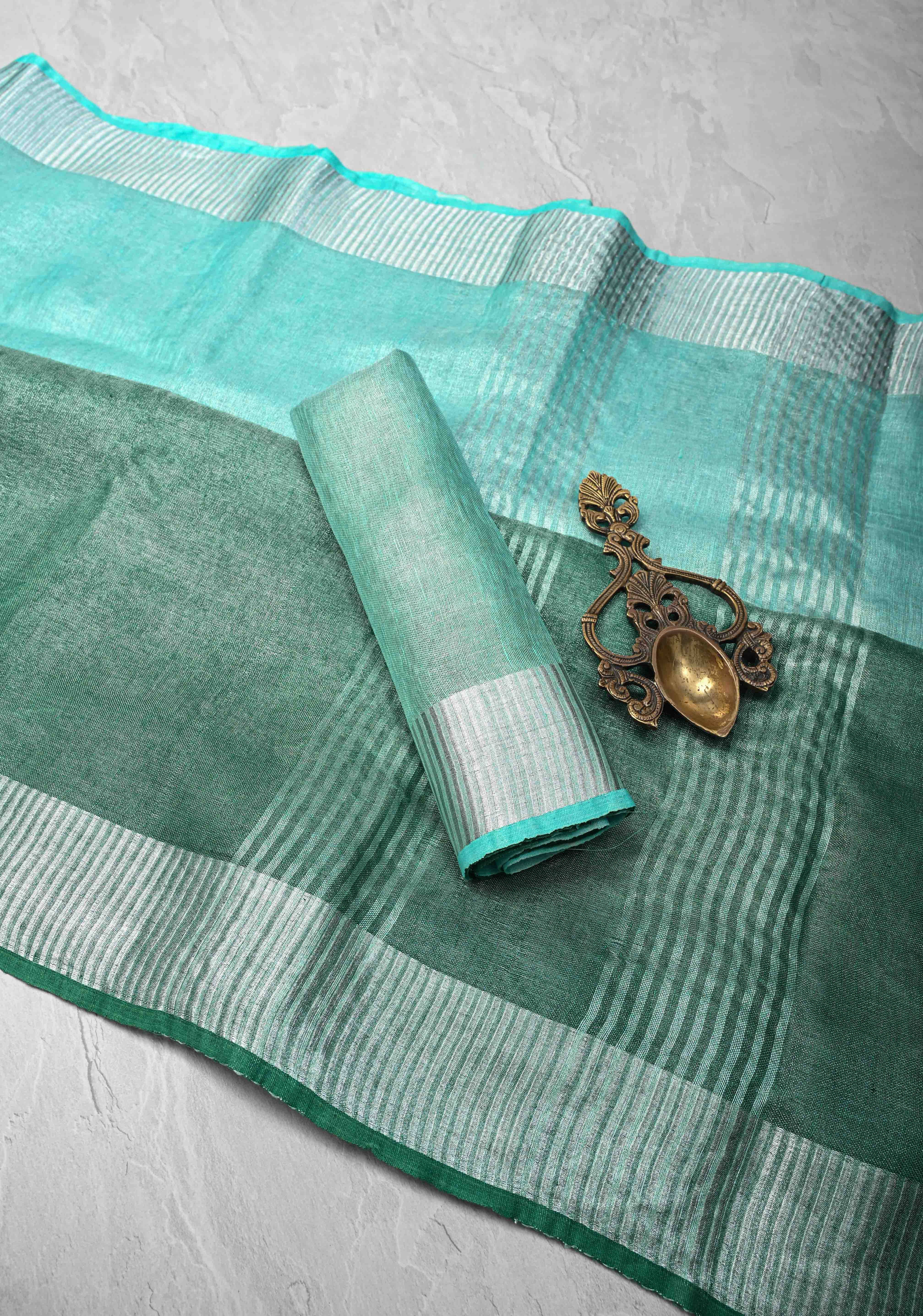 Cyan and Sea Green Ombre Shaded Tissue Linen Saree with Zari Border | Shobitam - Image 2