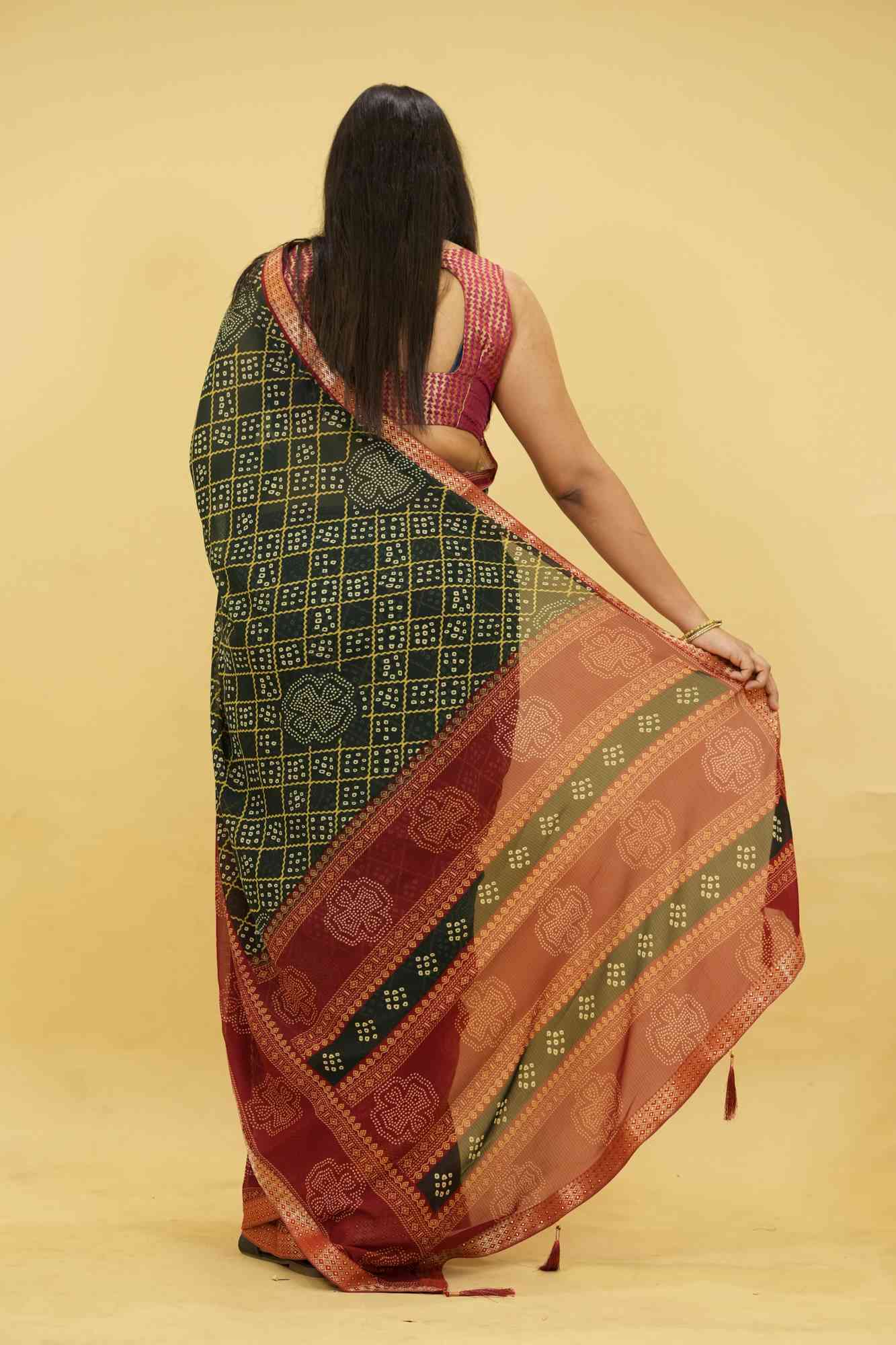 Dark Green Bandhani Print Georgette with Zari Border Ready To Wear Saree - Image 3