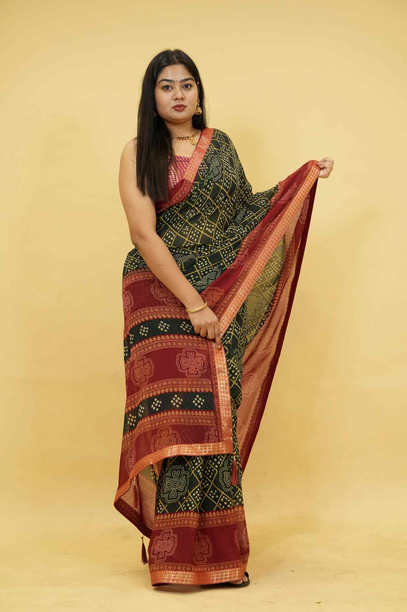 Dark Green Bandhani Print Georgette with Zari Border Ready To Wear Saree - Image 8