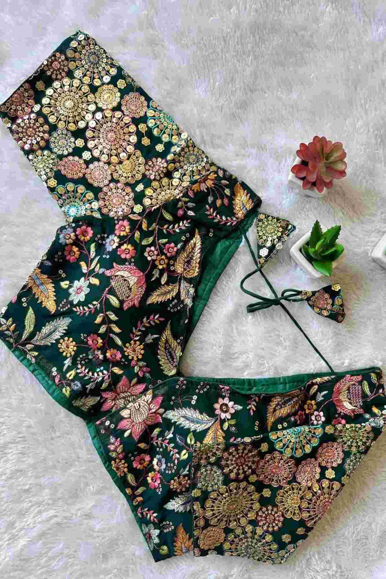 Dark Green Georgette Rangoli Embroidered Blouse with 9-Needle Multi Sequin Work Ready to Wear Blouse - Image 2