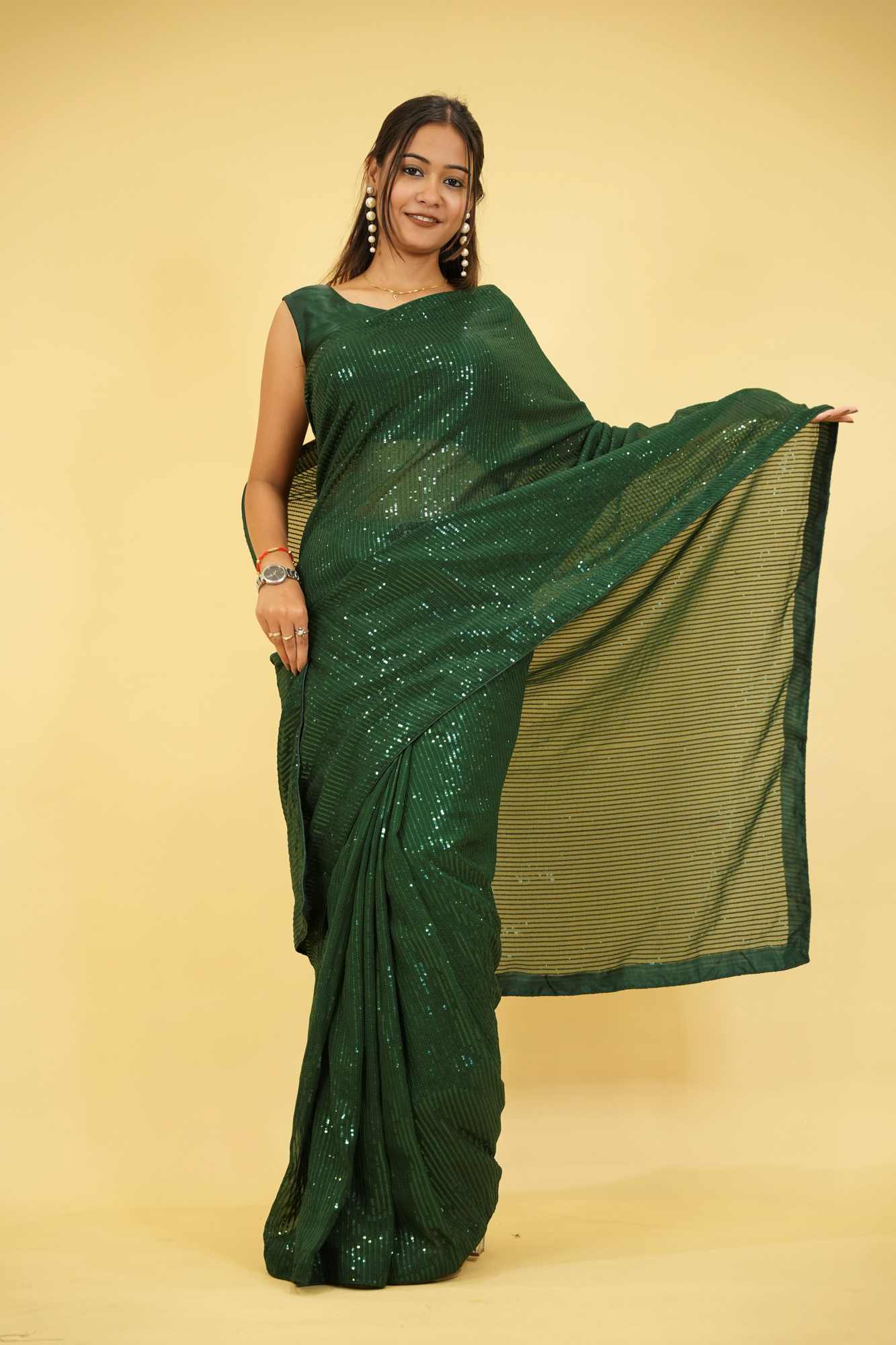 Dark Green Georgette with All-Over Sequin Embellishments Ready To Wear Saree - Image 5