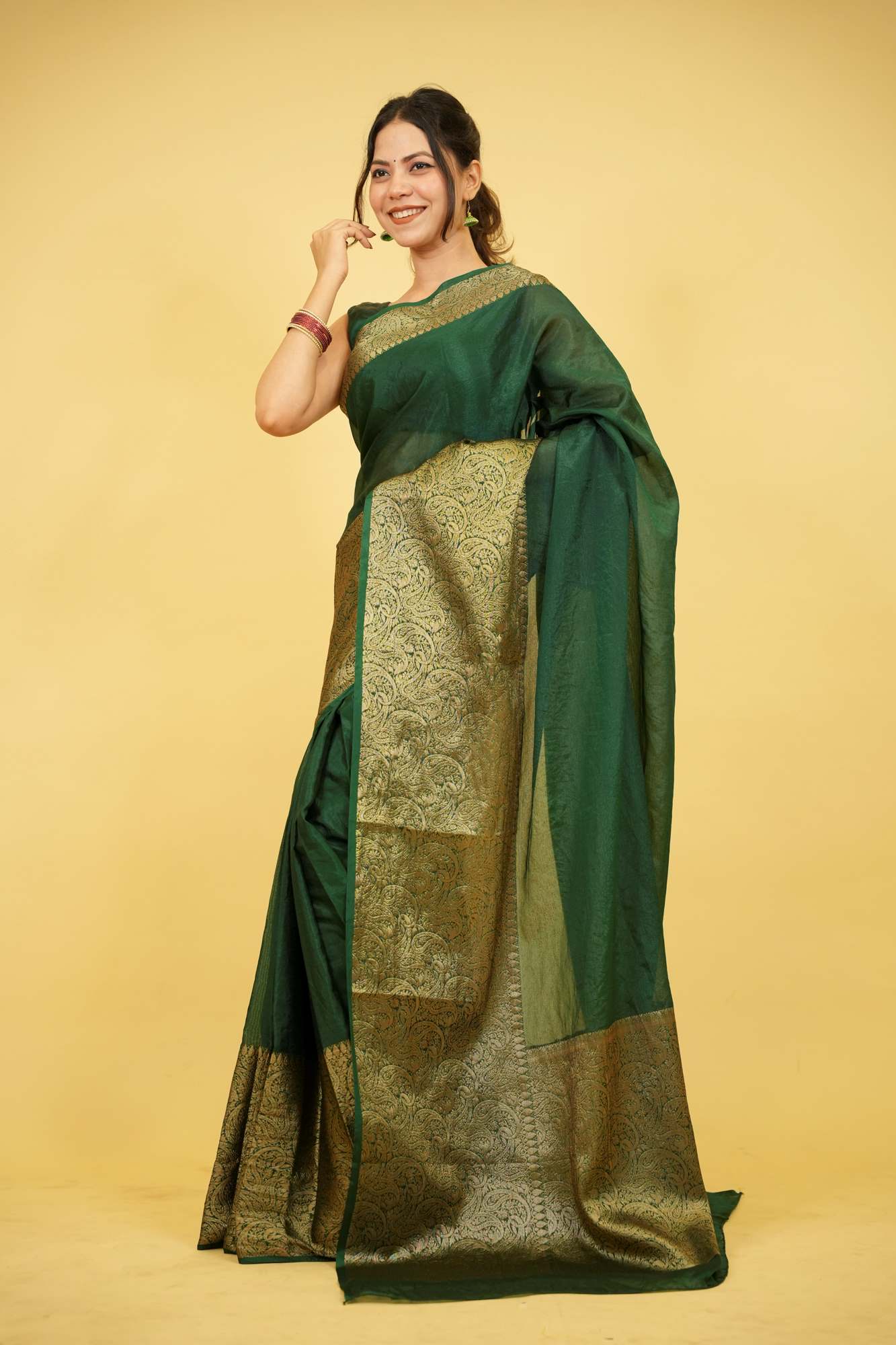 Dark Green Silk with Plain Body & Heavy Zari Border Ready To Wear Saree - Image 4