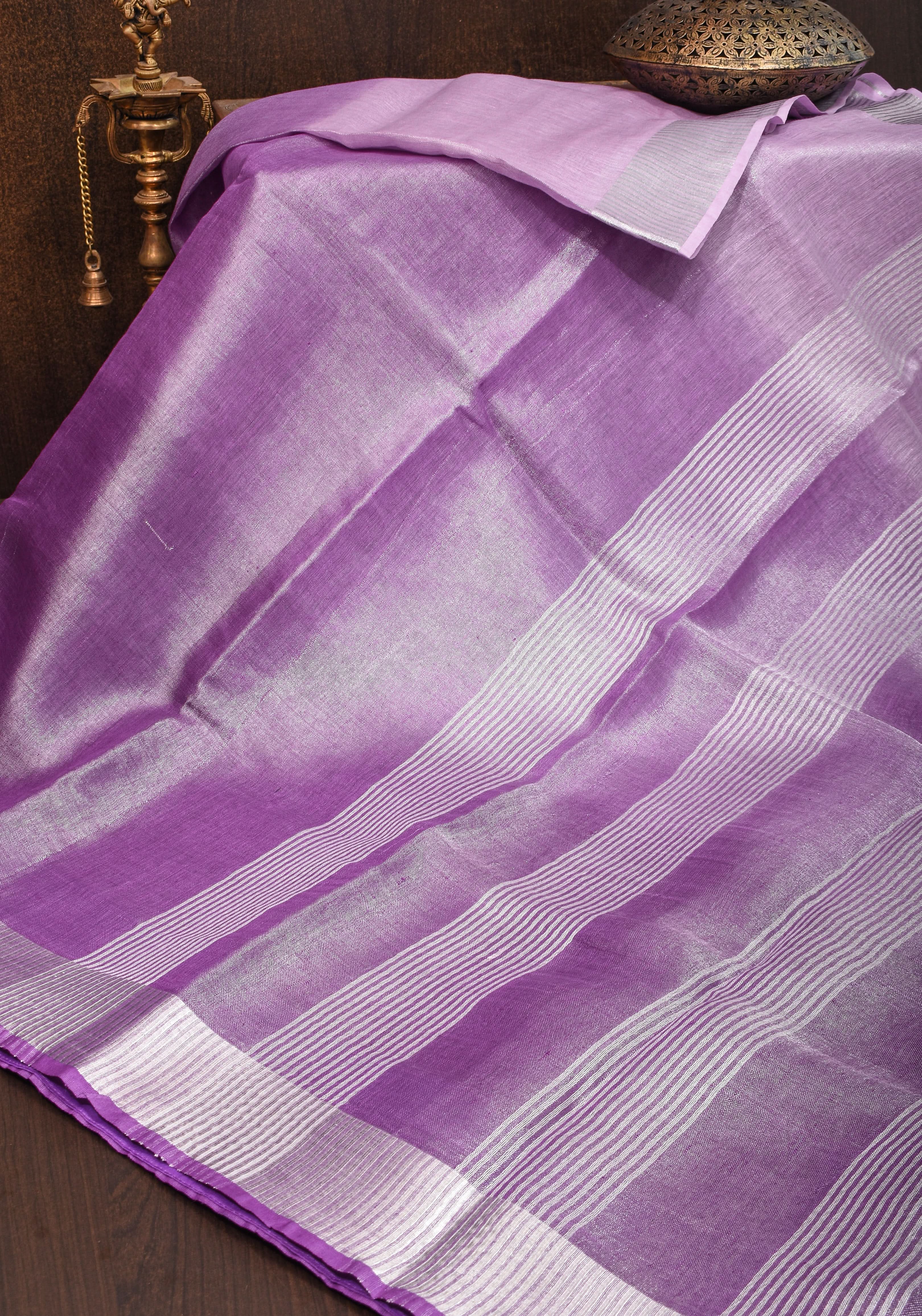 Dark Lilac Ombre Silver Tissue Linen Saree with Silver Ribbed Borders | Shobitam - Image 5