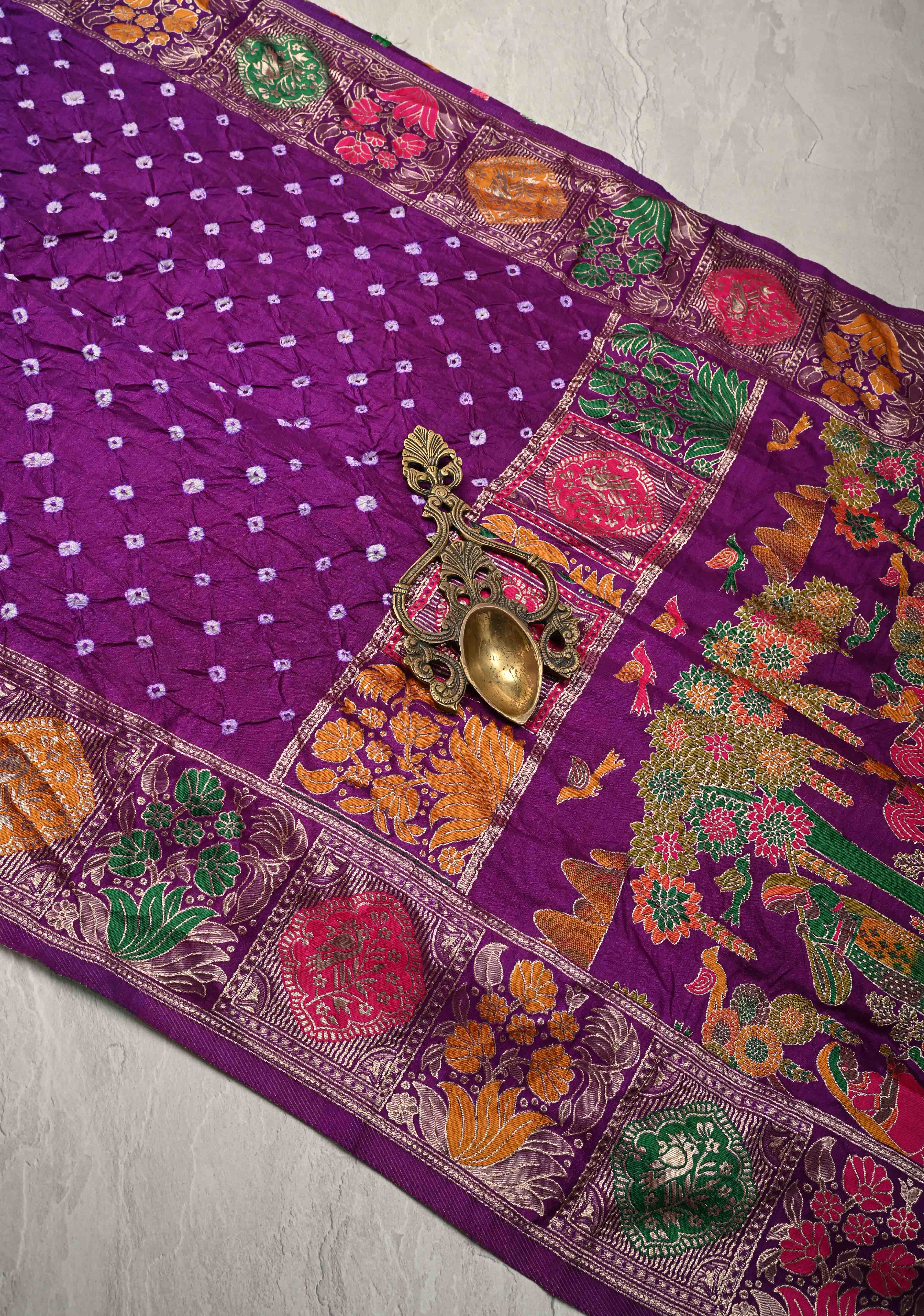 Dark Purple Crushed  Bandhani on Art Silk Saree with Meenakari Floral Zari Border and pallu | Shobitam - Image 2