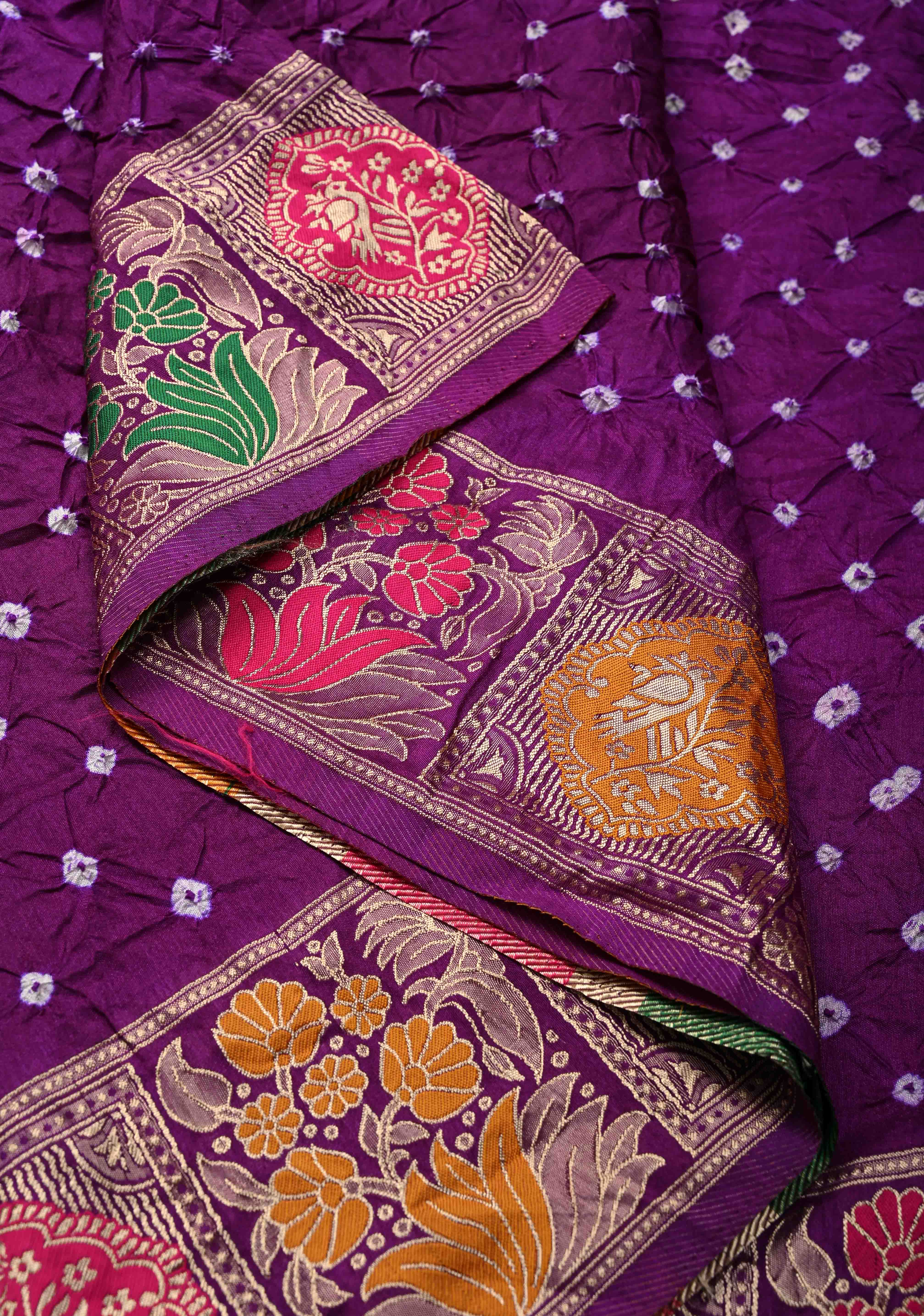 Dark Purple Crushed  Bandhani on Art Silk Saree with Meenakari Floral Zari Border and pallu | Shobitam - Image 7