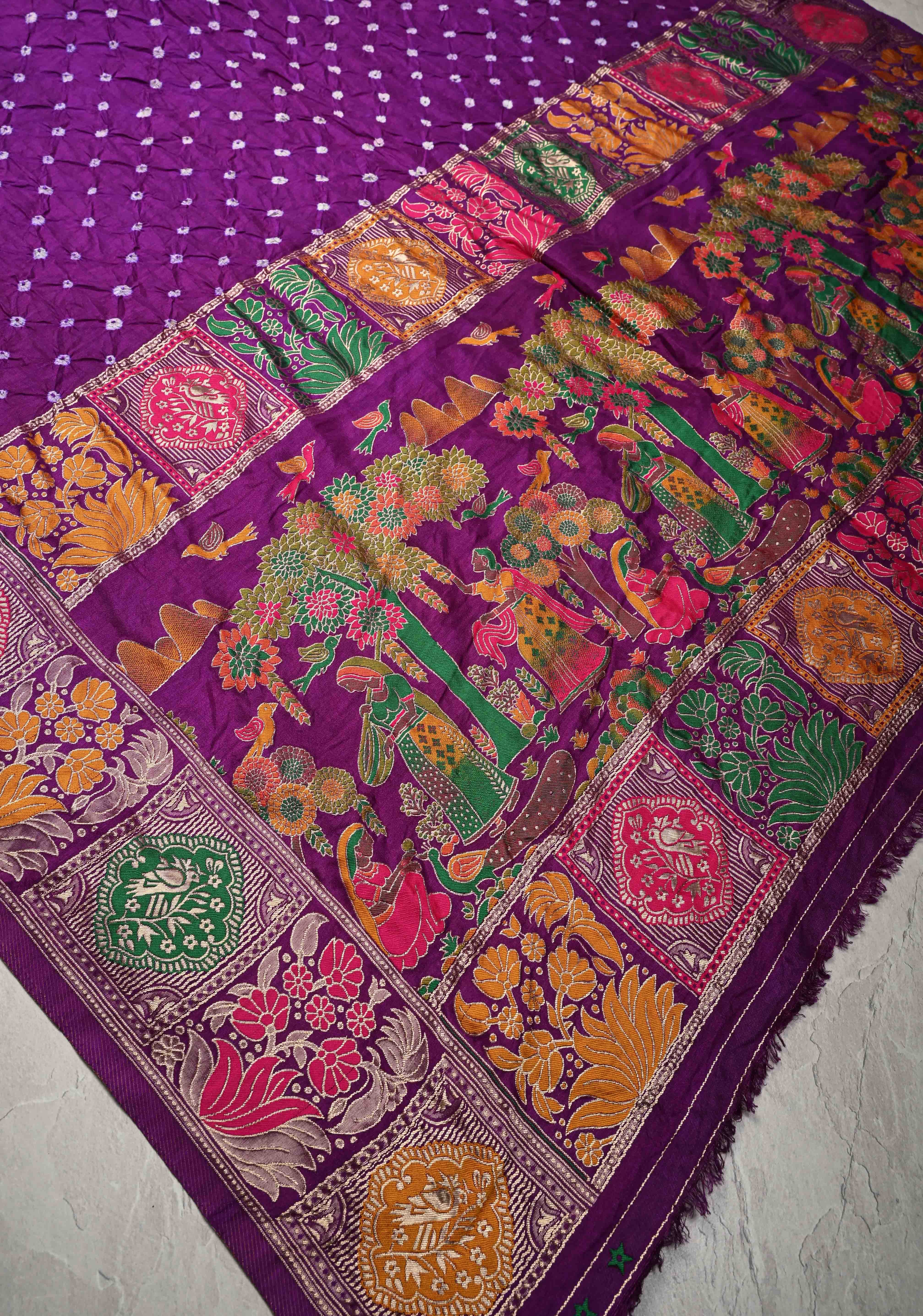 Dark Purple Crushed  Bandhani on Art Silk Saree with Meenakari Floral Zari Border and pallu | Shobitam - Image 9