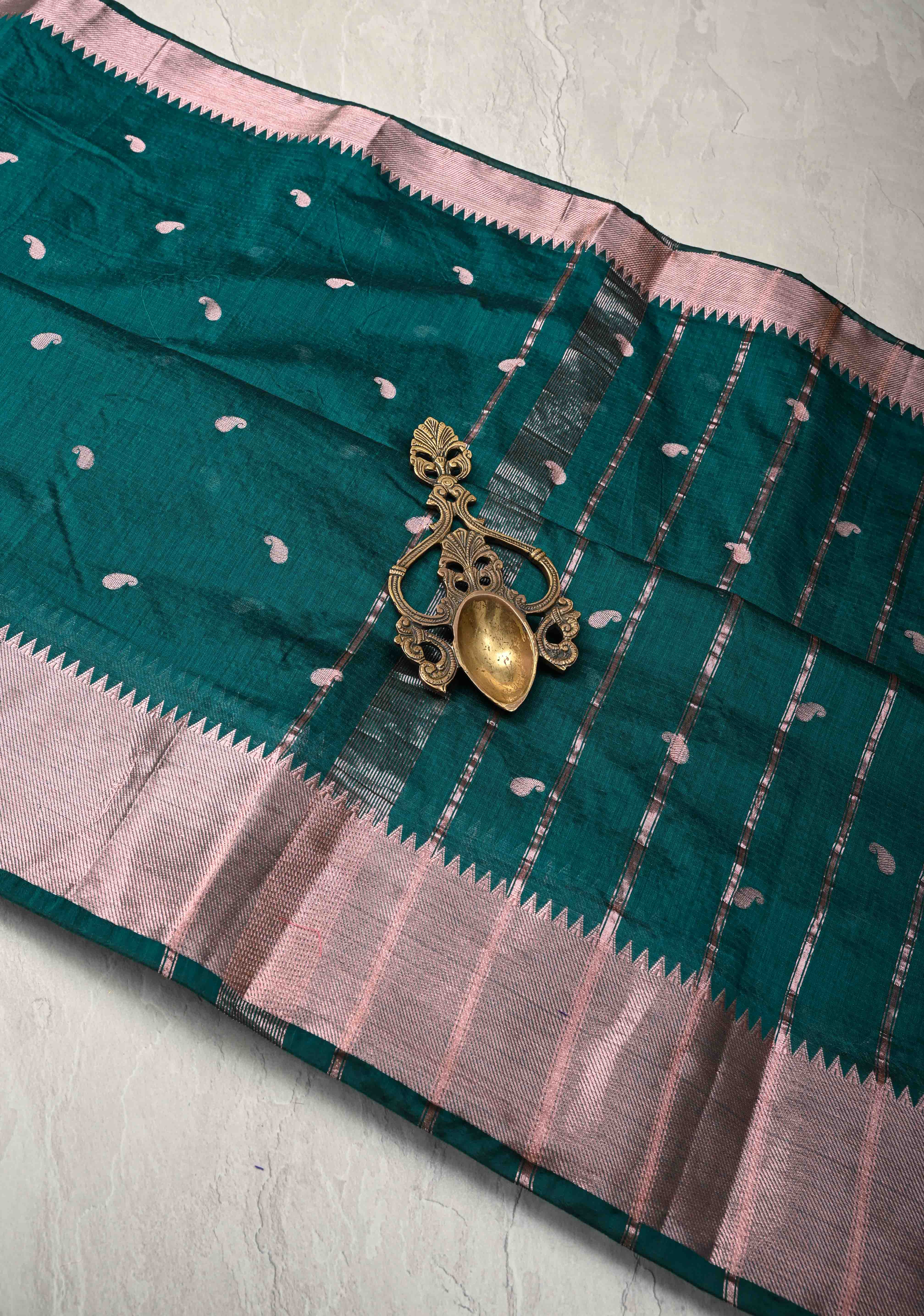 Dark Teal Semi Silk Saree with Zari Paisley Buttis and Zari Border | Shobitam - Image 2