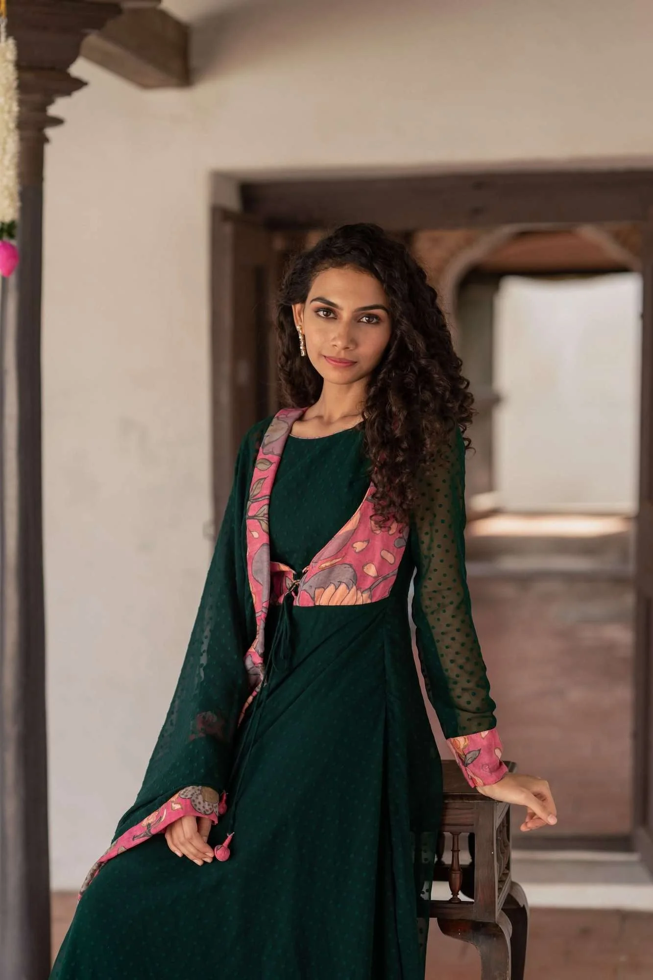 Deep Green and Pink Flared Kurti and Dupatta Set  | Made To Order - Image 16