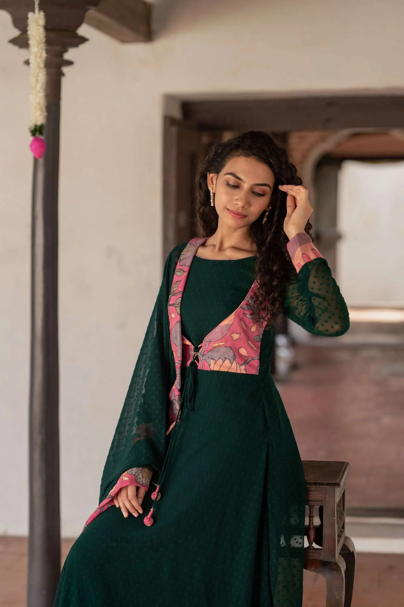 Deep Green and Pink Flared Kurti and Dupatta Set  | Made To Order - Image 19