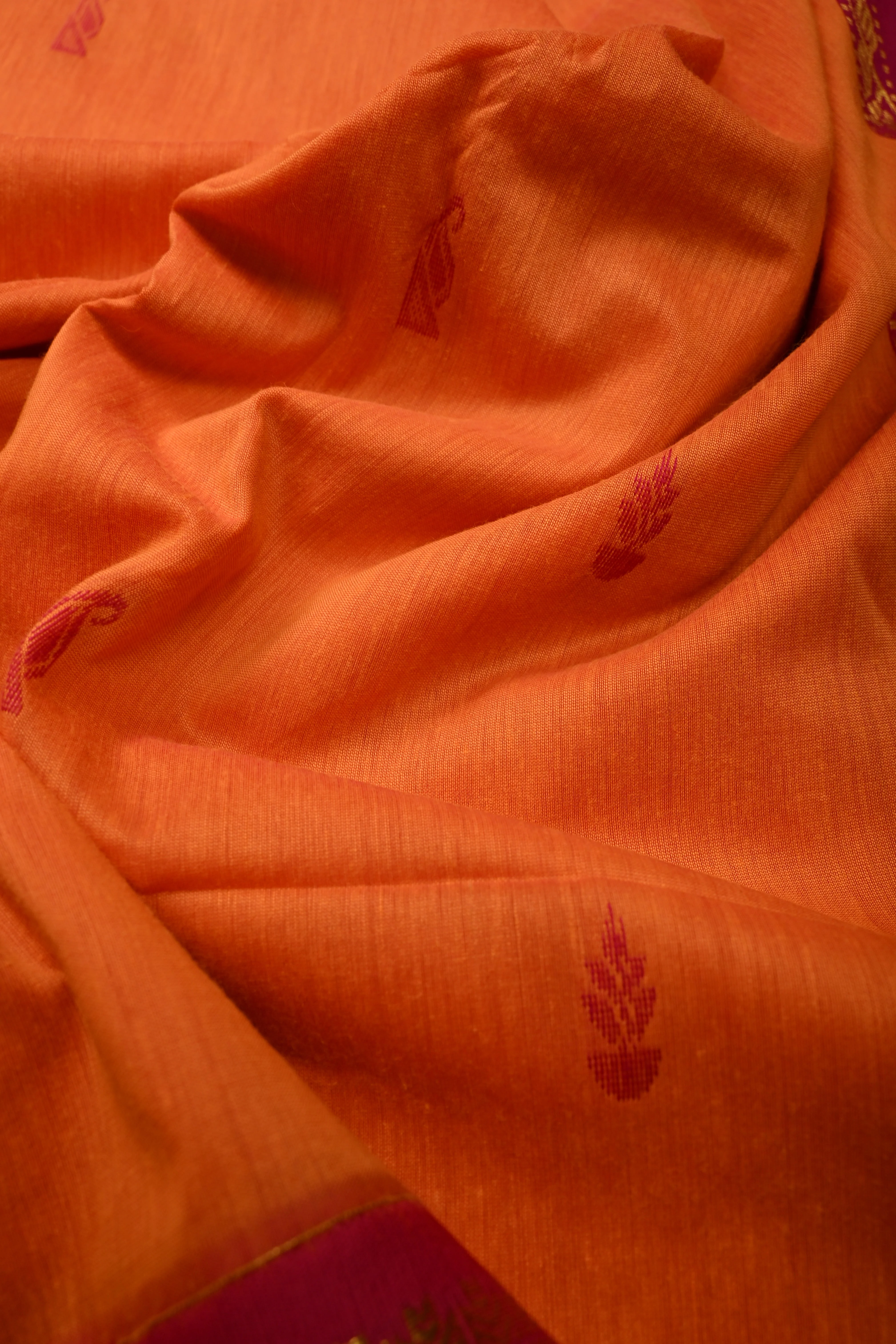 Kesari Orange Cotton Silk Saree with Thread Buttas and Contrast Zari Border | Shobitam - Image 3
