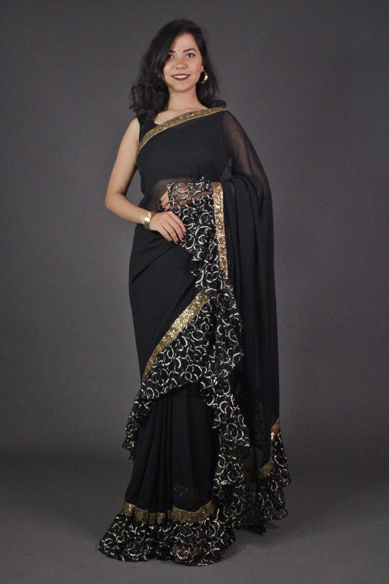 Designer Black Ruffle, with Golden Lace Wrap in 1 minute saree - Image 4
