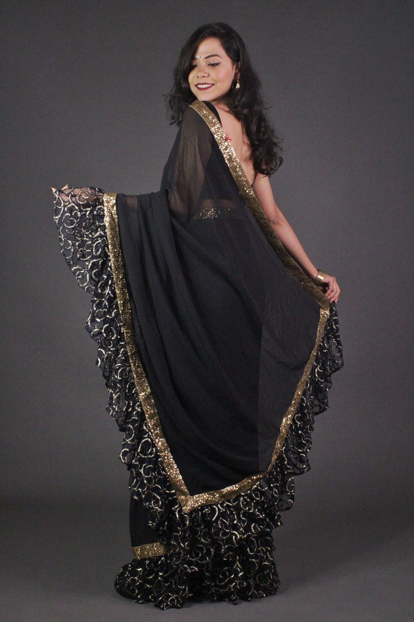 Designer Black Ruffle, with Golden Lace Wrap in 1 minute saree - Image 5