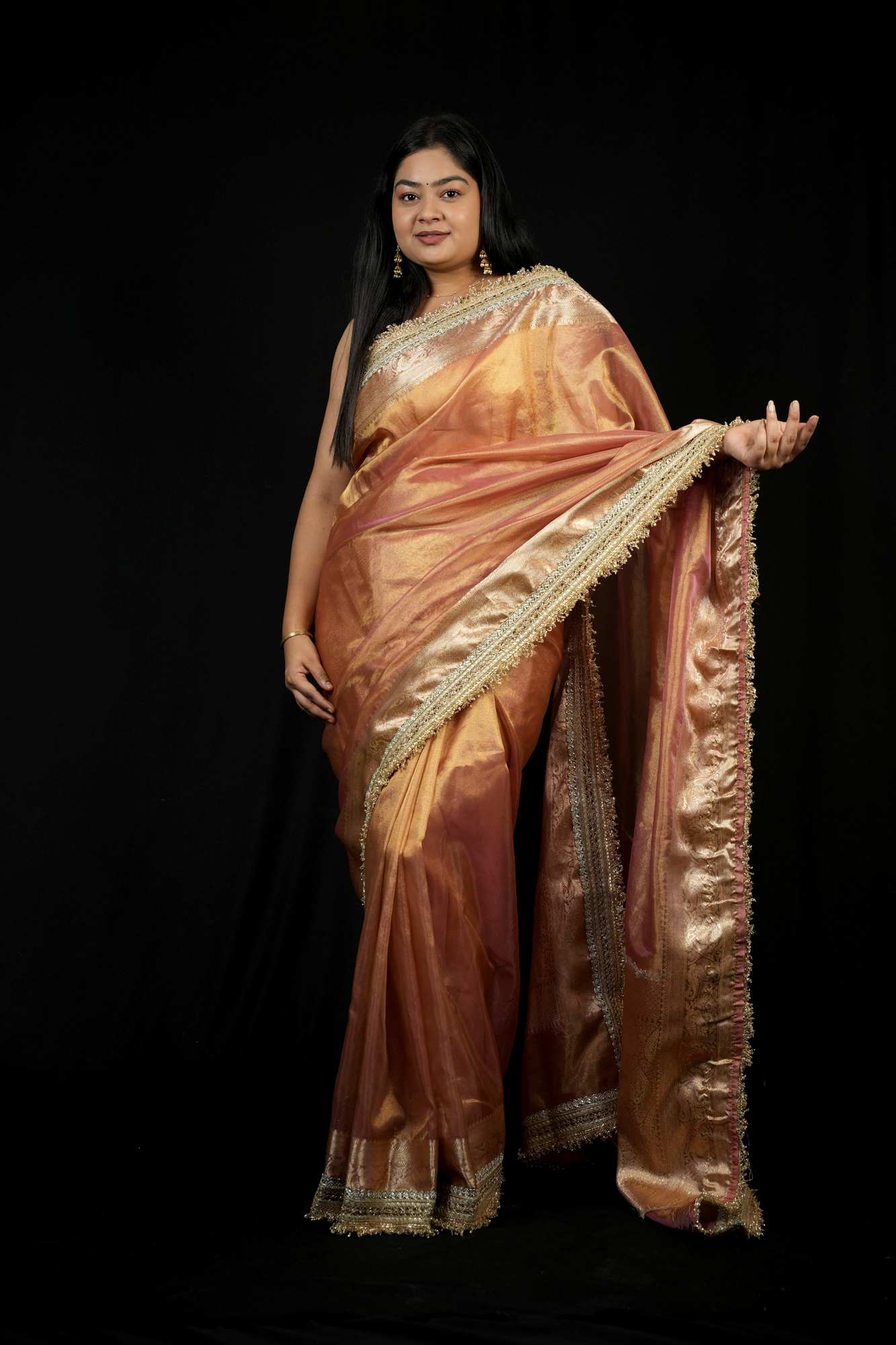 Designer Lace Border With  Tissue Silk Beautiful  Floral Weaving Pallu Ready To Wear Saree - Image 3