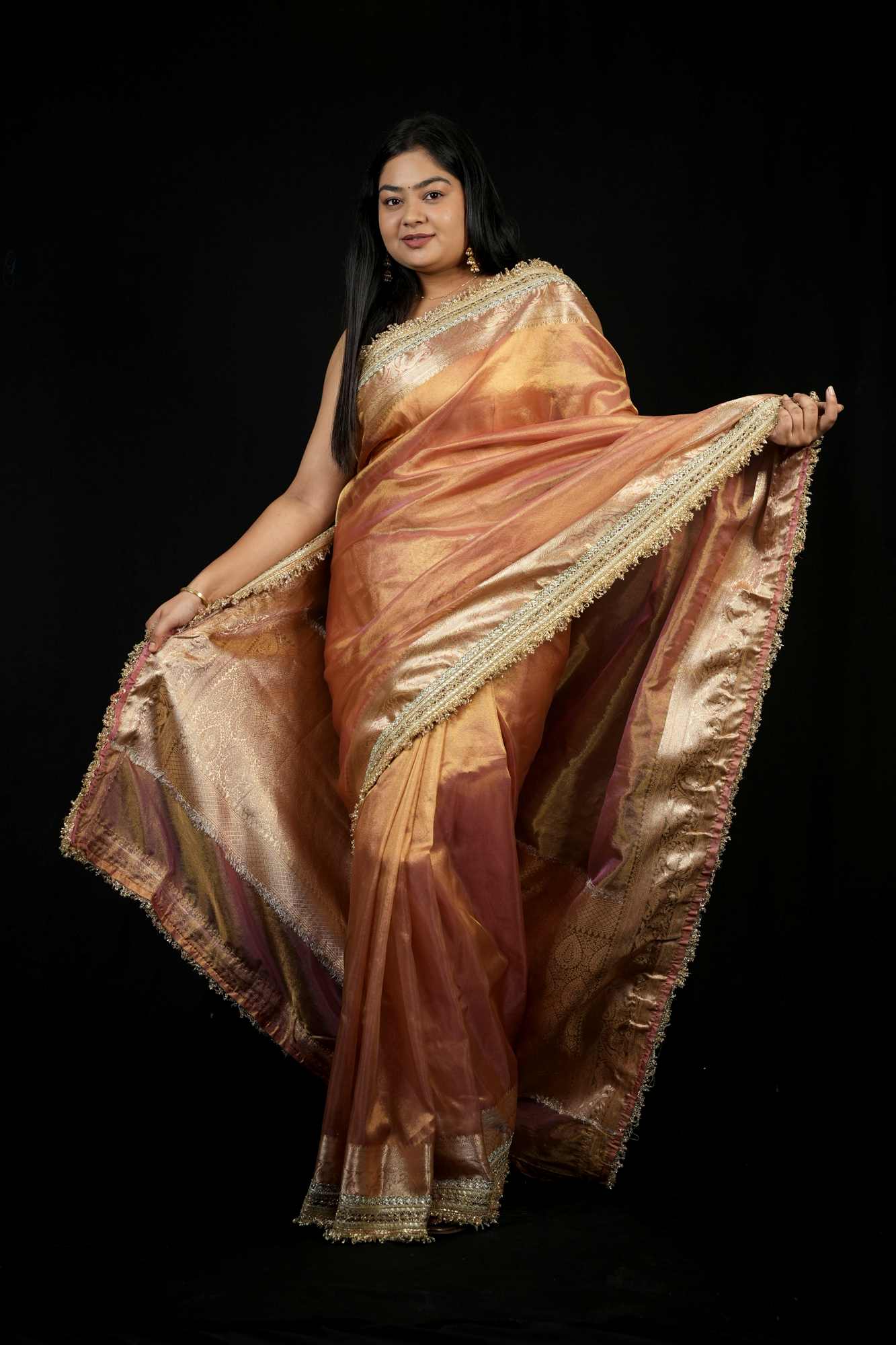 Designer Lace Border With  Tissue Silk Beautiful  Floral Weaving Pallu Ready To Wear Saree - Image 5