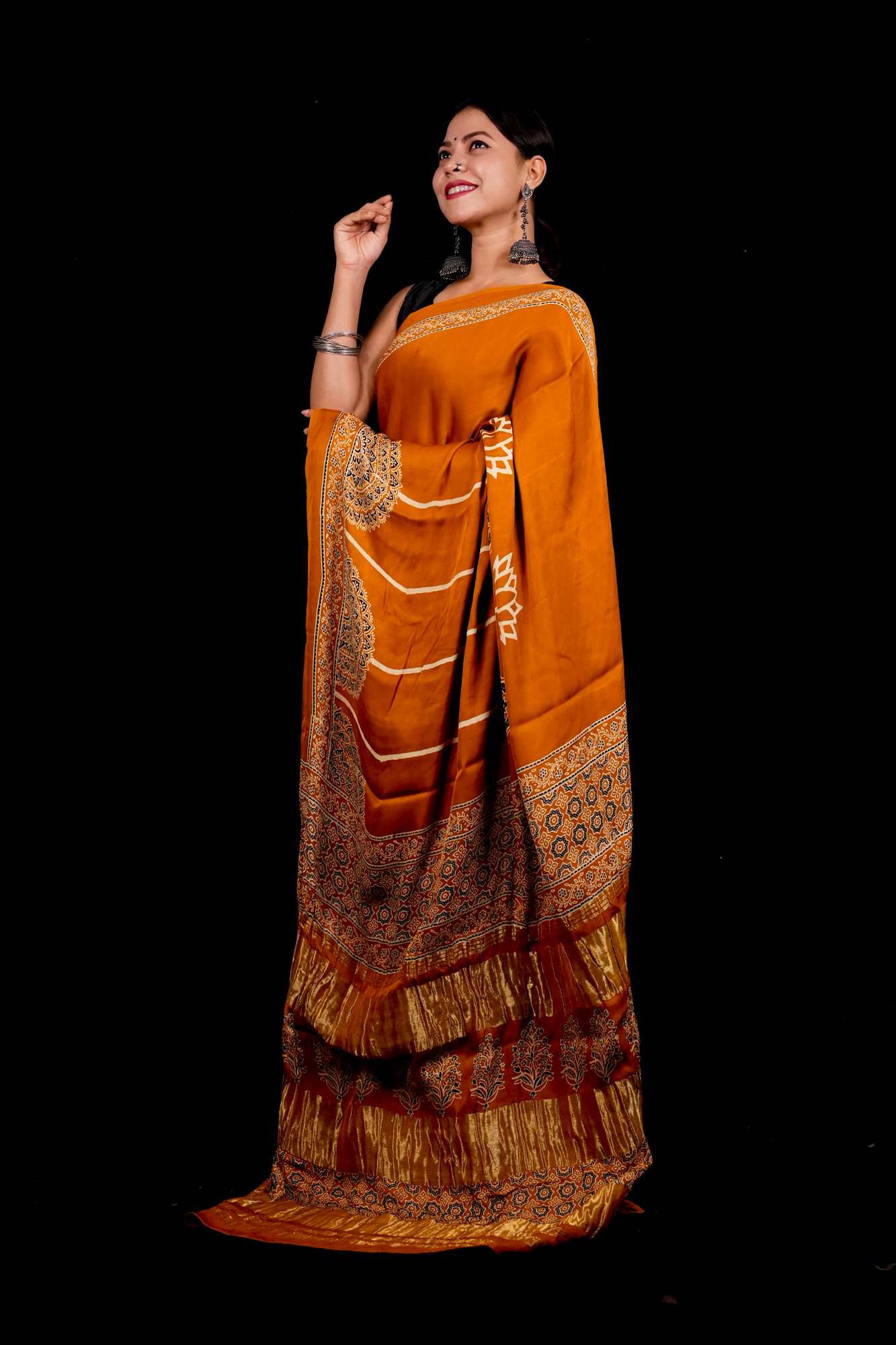 Designer Pure Modal Silk Hand Block Ajrakh Printed Saree in Yellow with Golden Zari Border & Blouse Piece Wrap in one minute saree - Image 5