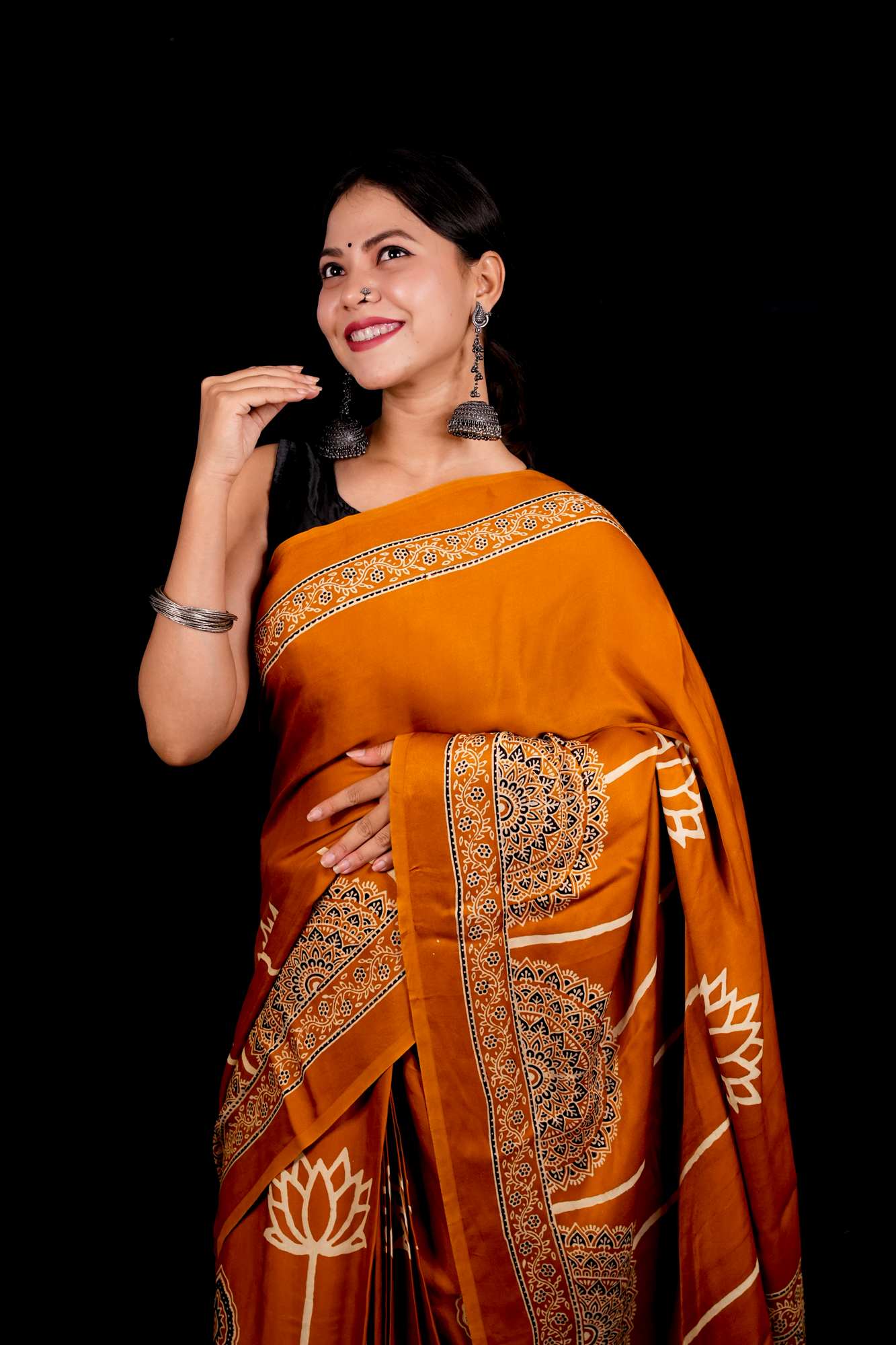 Designer Pure Modal Silk Hand Block Ajrakh Printed Saree in Yellow with Golden Zari Border & Blouse Piece Wrap in one minute saree - Image 8