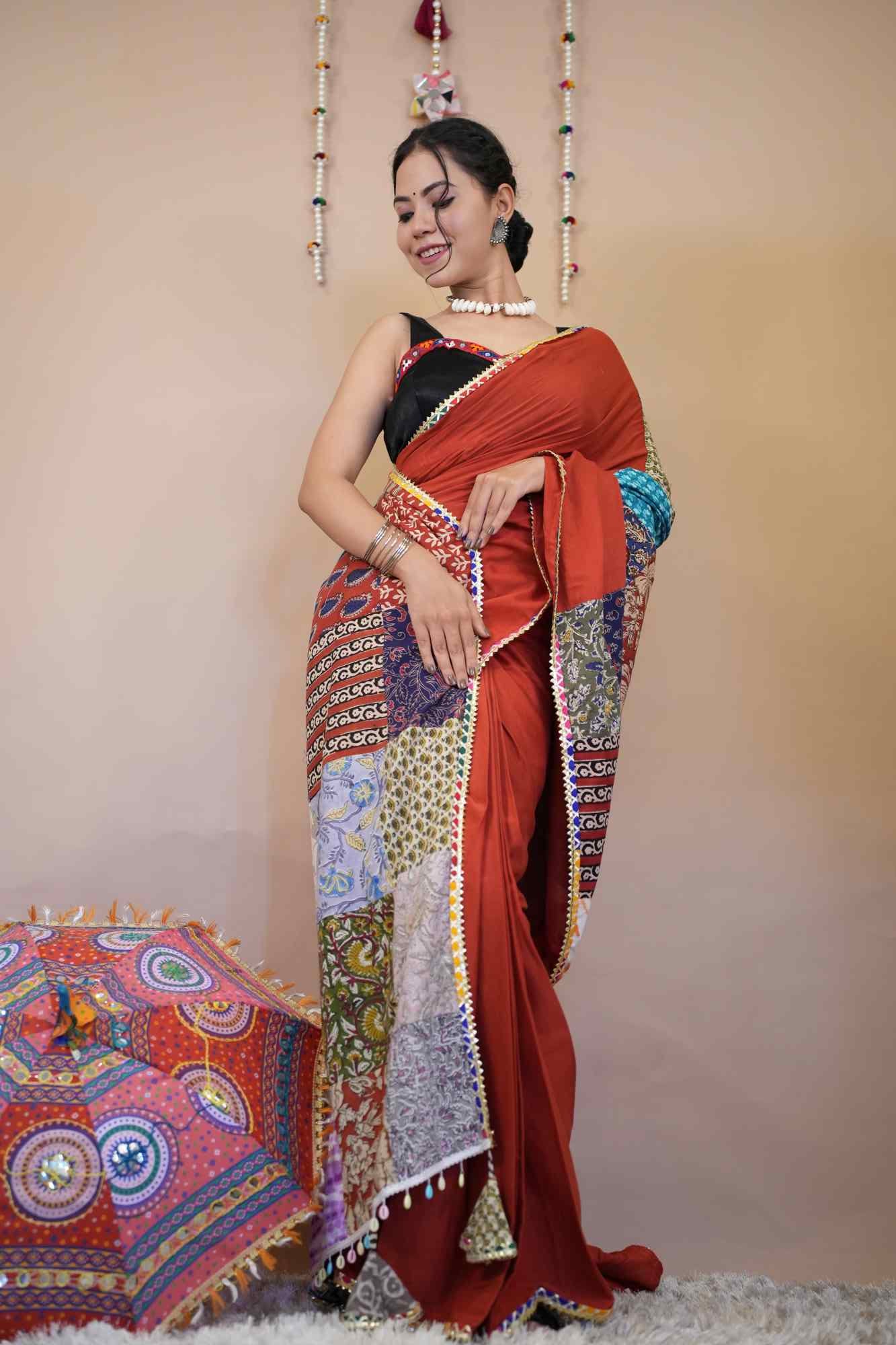 Designer Red Vibrant Patch Work Saree With Styles Tassels on  Pallu  Pure Cotton Ready To Wear Saree - Image 3