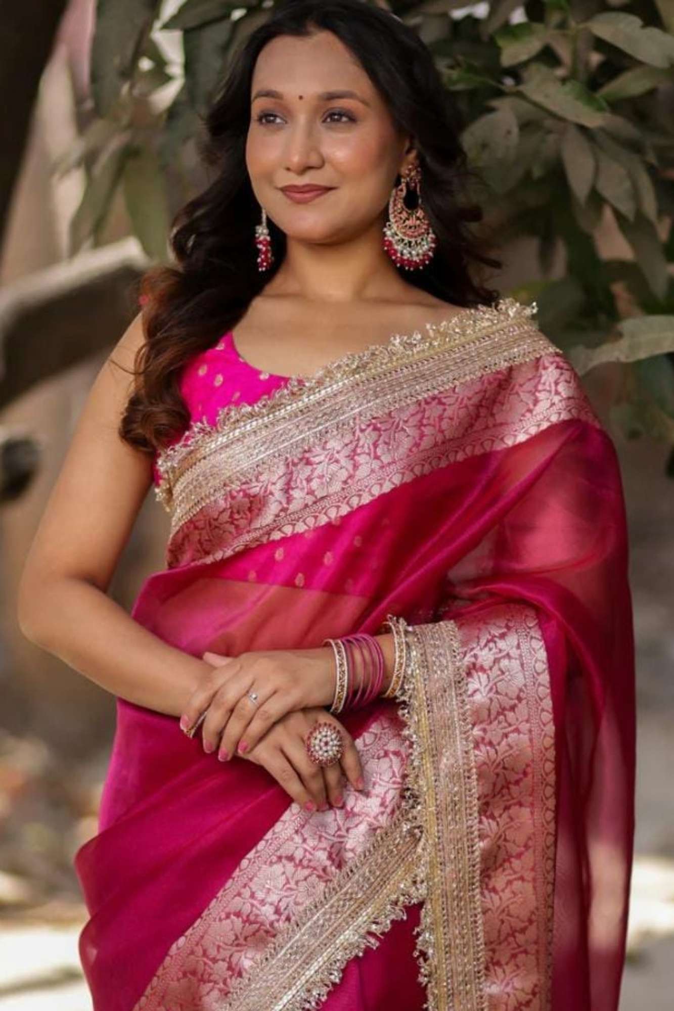 Rani Pink Banarasi-Inspired Tissue Silk with Zari-Embroidered Border Ready To Wear Saree - Image 12