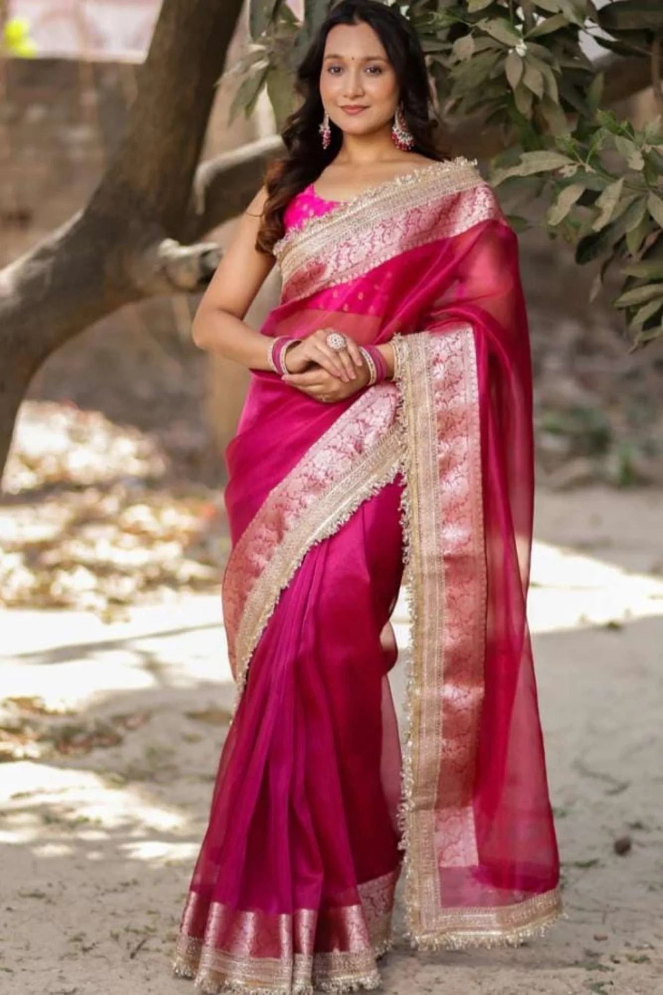 Rani Pink Banarasi-Inspired Tissue Silk with Zari-Embroidered Border Ready To Wear Saree - Image 5