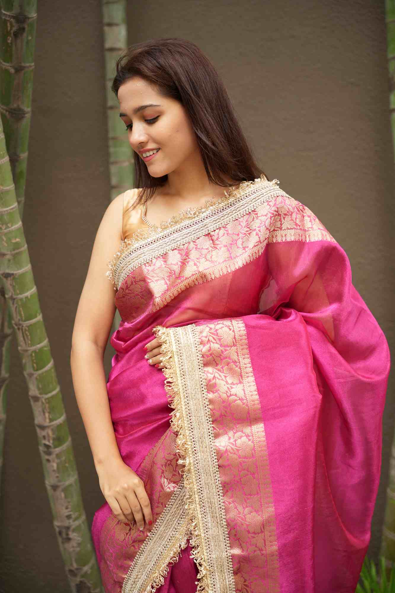 Rani Pink Banarasi-Inspired Tissue Silk with Zari-Embroidered Border Ready To Wear Saree - Image 8
