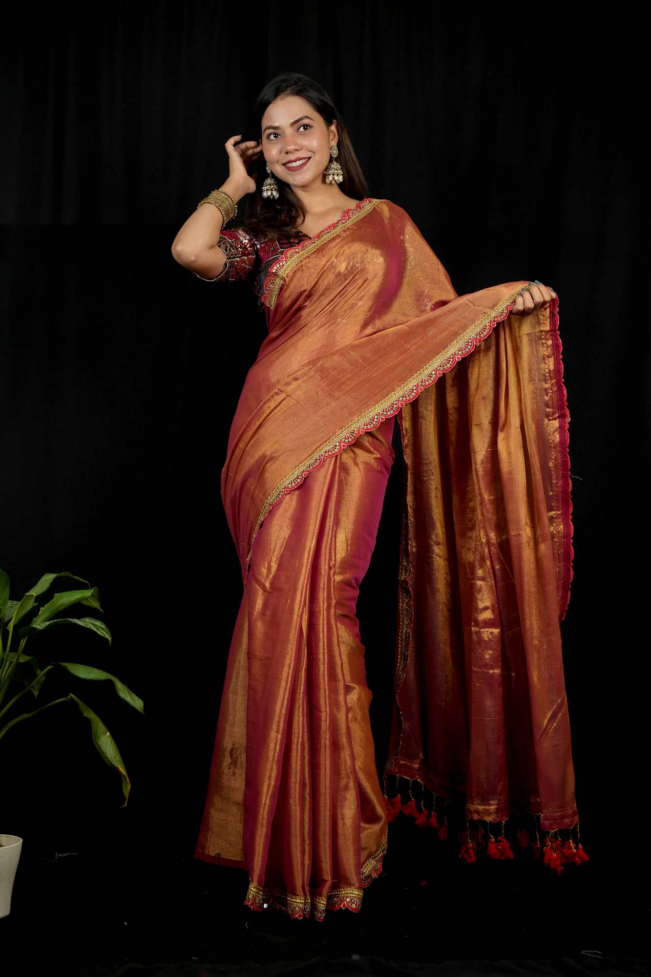 Dhoop Chaanv Tissue Linen With  Designer Sequin Lace Border & Tassel On Pallu  1 Minute saree - Image 8