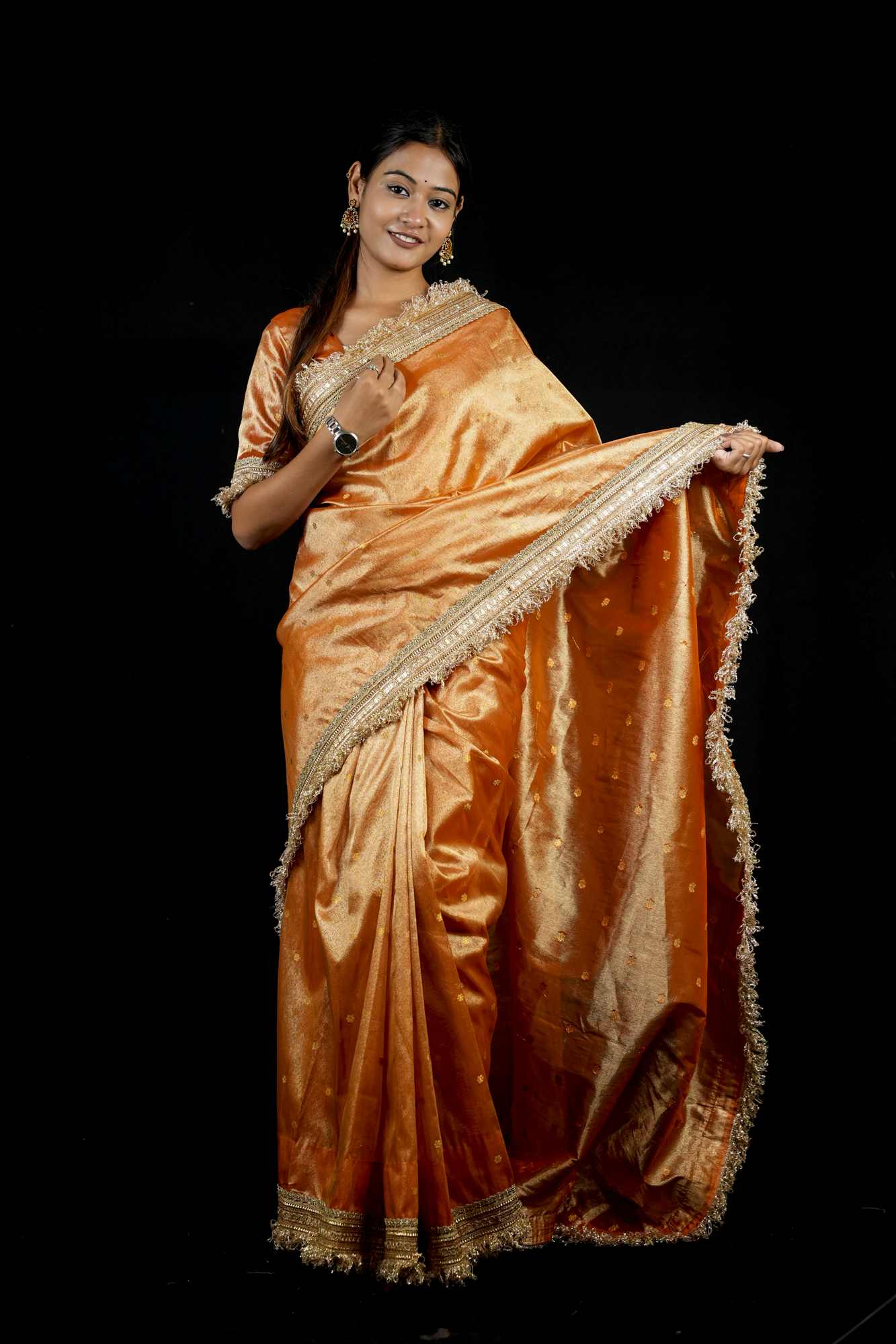 Dhup Chav Tissue Silk Banarasi-Inspired with Zari & Broad Lace Border Ready To Wear Saree - Image 5