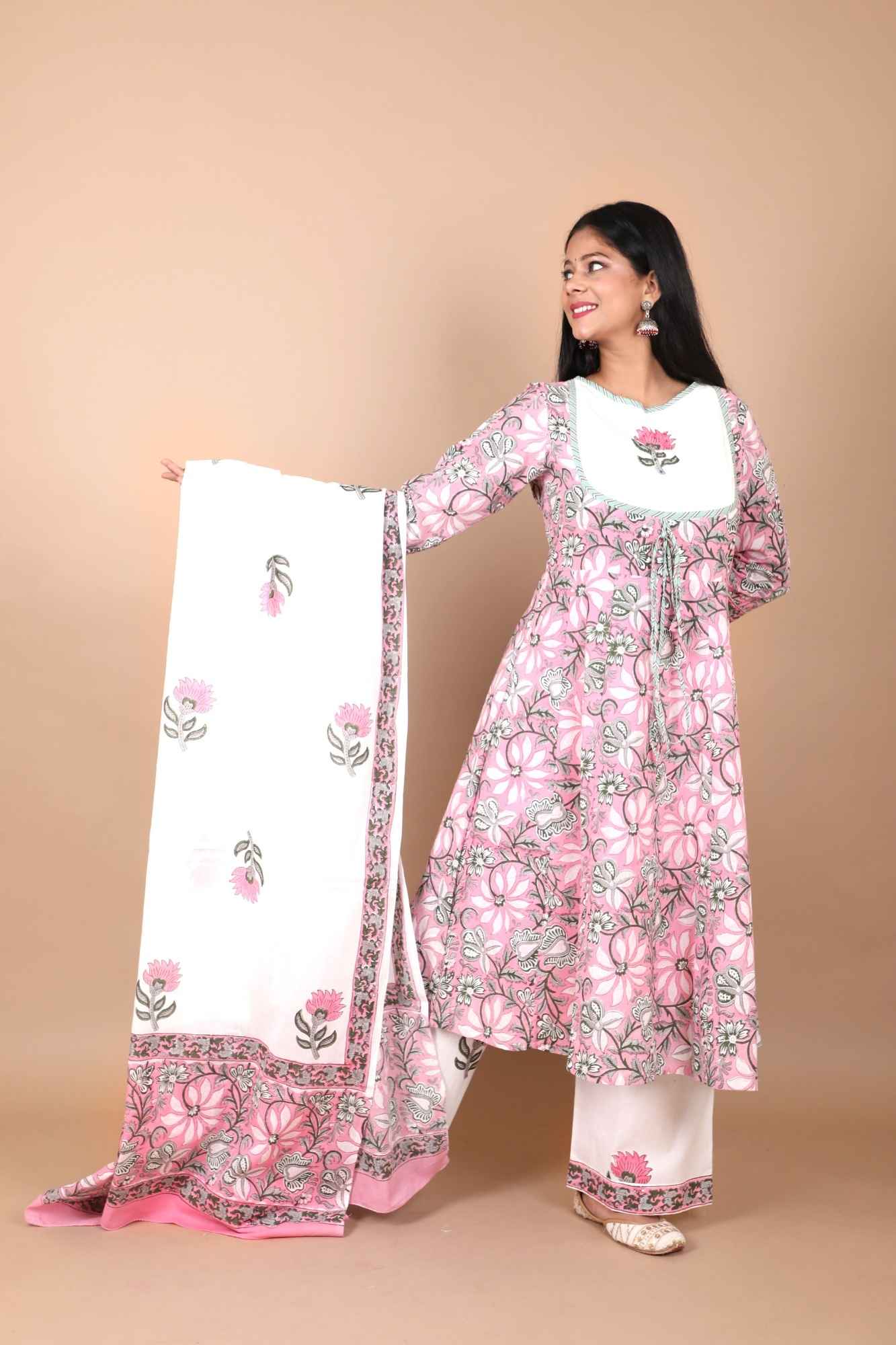 Dhwani Cotton Salwar Kameez with mulmul dupatta in shades of pink and white - Image 2