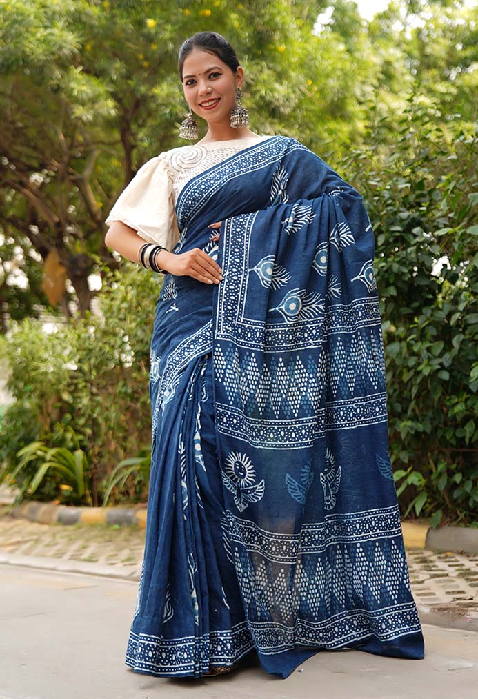 Drape saree Indigo Handblock Print mulmul one minute saree - Image 2