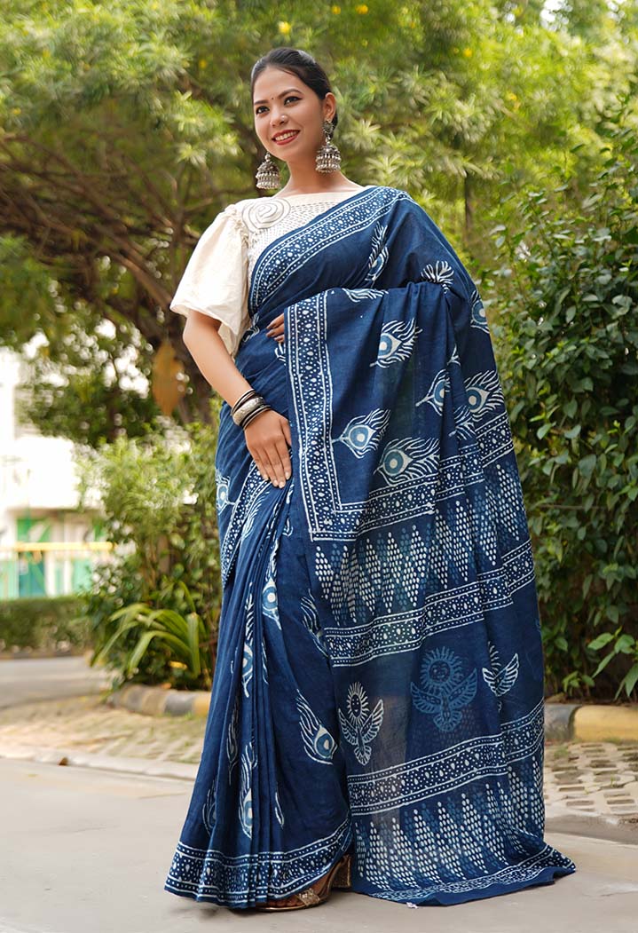 Drape saree Indigo Handblock Print mulmul one minute saree - Image 4