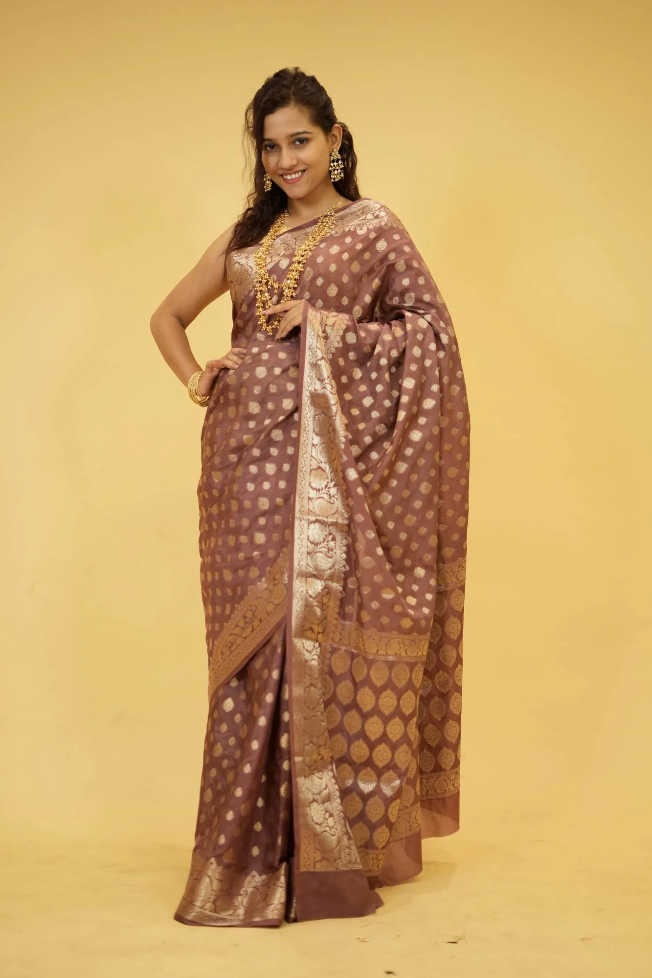 Dusty Rose Georgette Silk with All-Over Zari Motifs and Ornate Pallu Ready To Wear Saree - Image 11