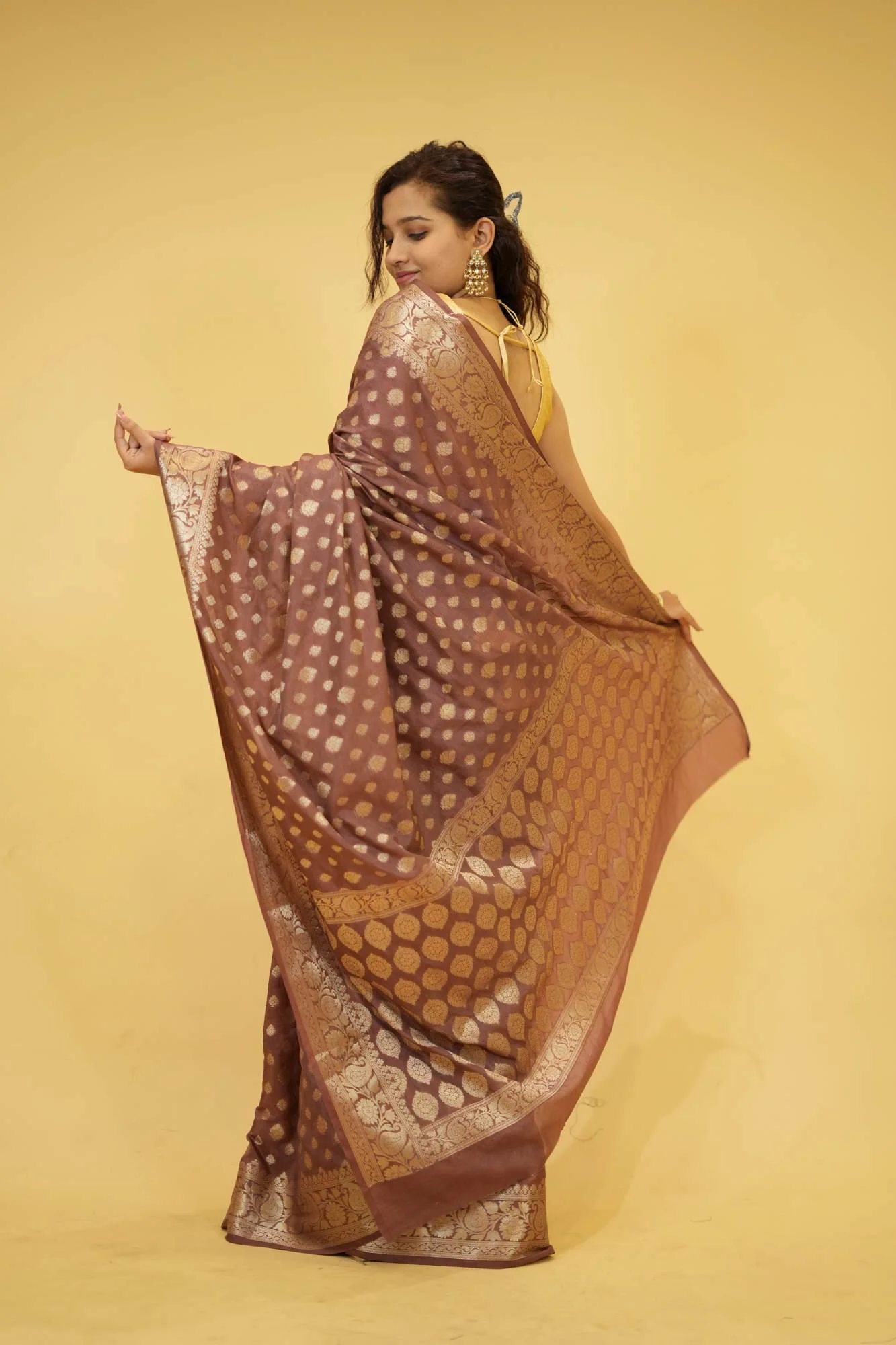 Dusty Rose Georgette Silk with All-Over Zari Motifs and Ornate Pallu Ready To Wear Saree - Image 16
