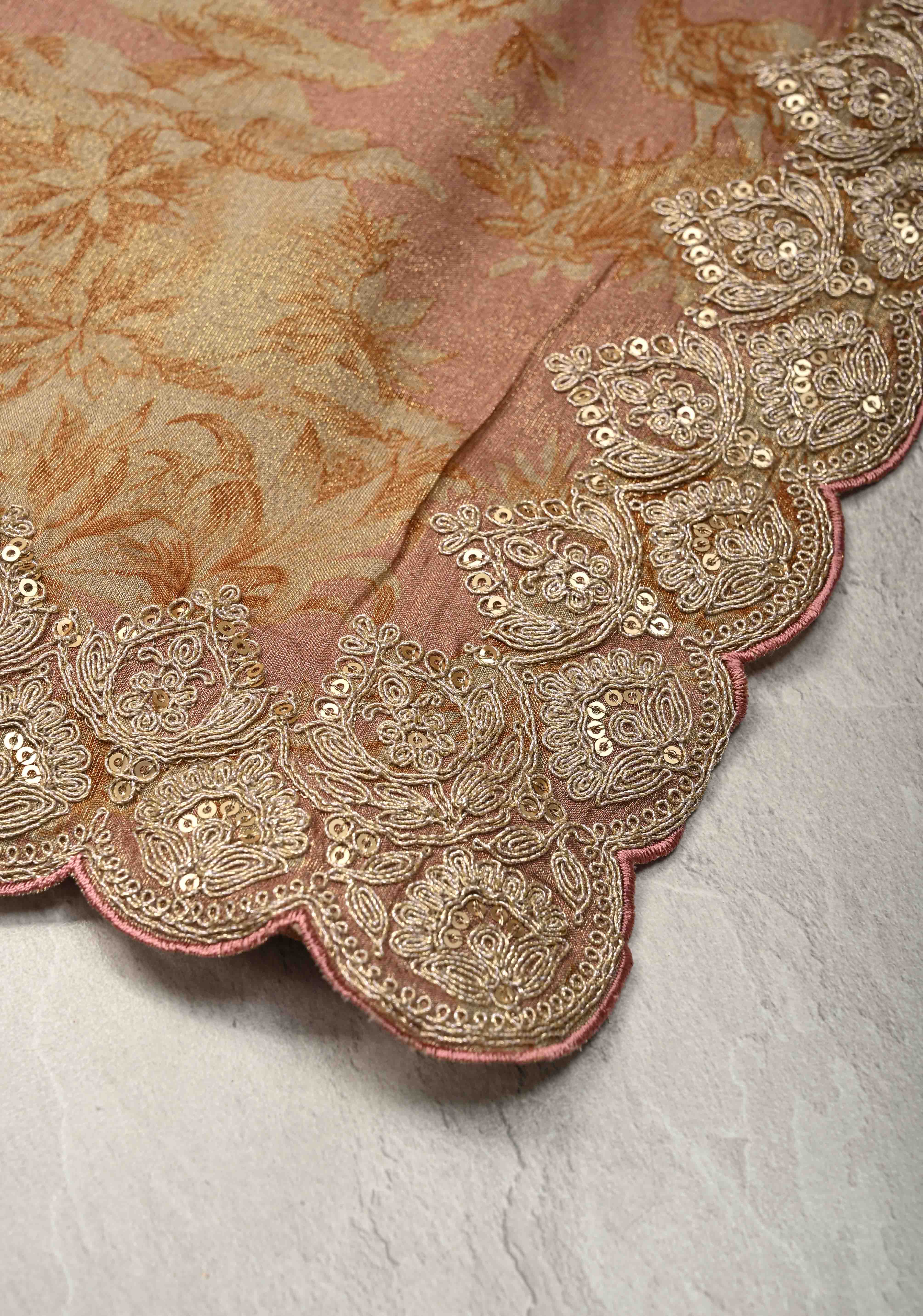 Dusty Rose Vegan Viscose Tissue Saree with Printed Toile Pattern and Cord Pitta Embroidery Scallop Border | Shobitam - Image 6
