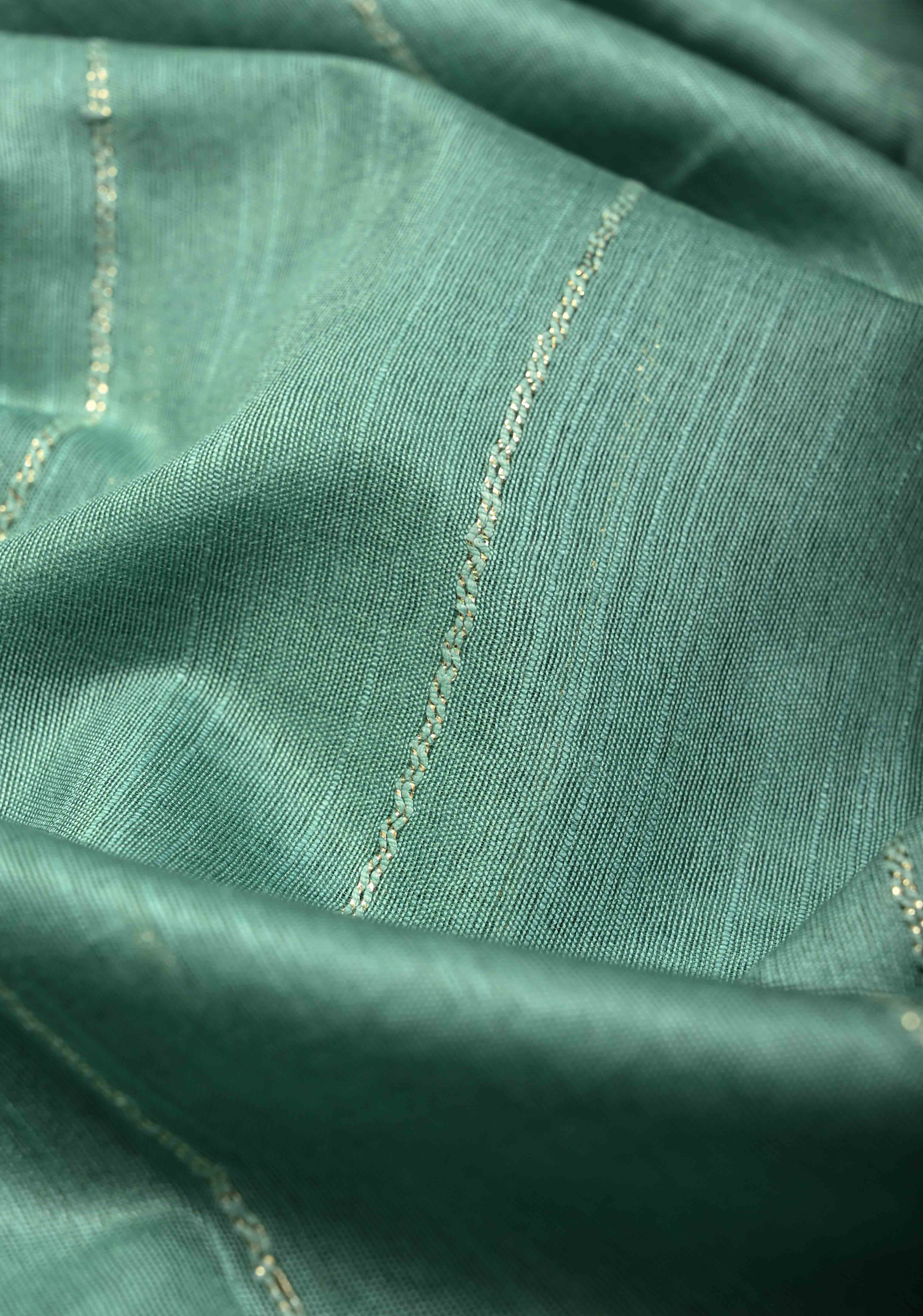 Dusty Teal Borderless Semi Tussar Saree with Thread-Zari Horizontal Stripes and Contrast Pallu | Shobitam - Image 3