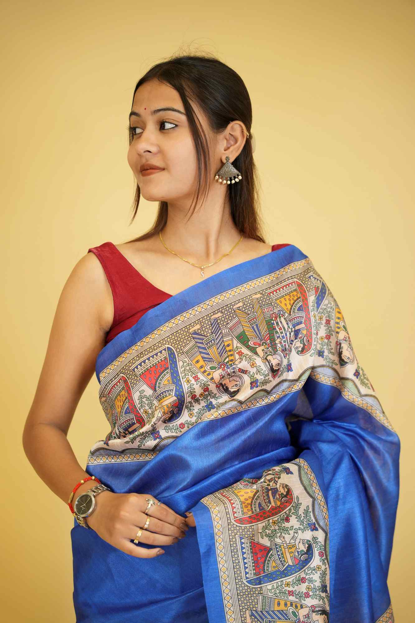 Elegant Blue Semi Ghicha Tussar Silk Saree with Madhubani ready to wear saree - Image 5