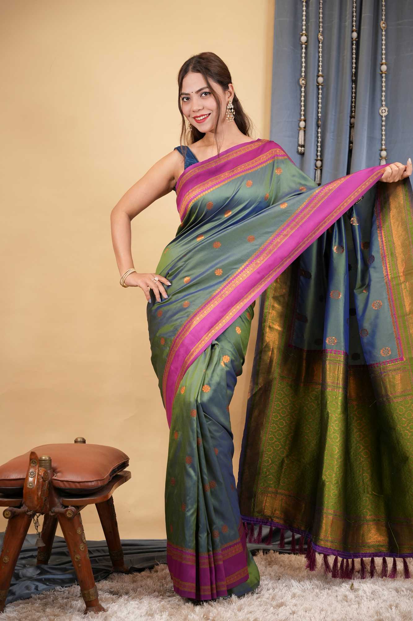 Kanchipuram Premium Silk Blend Prestitched Saree with Golden Butti & Rich Contrast Border Ready To Wear Saree - Image 3