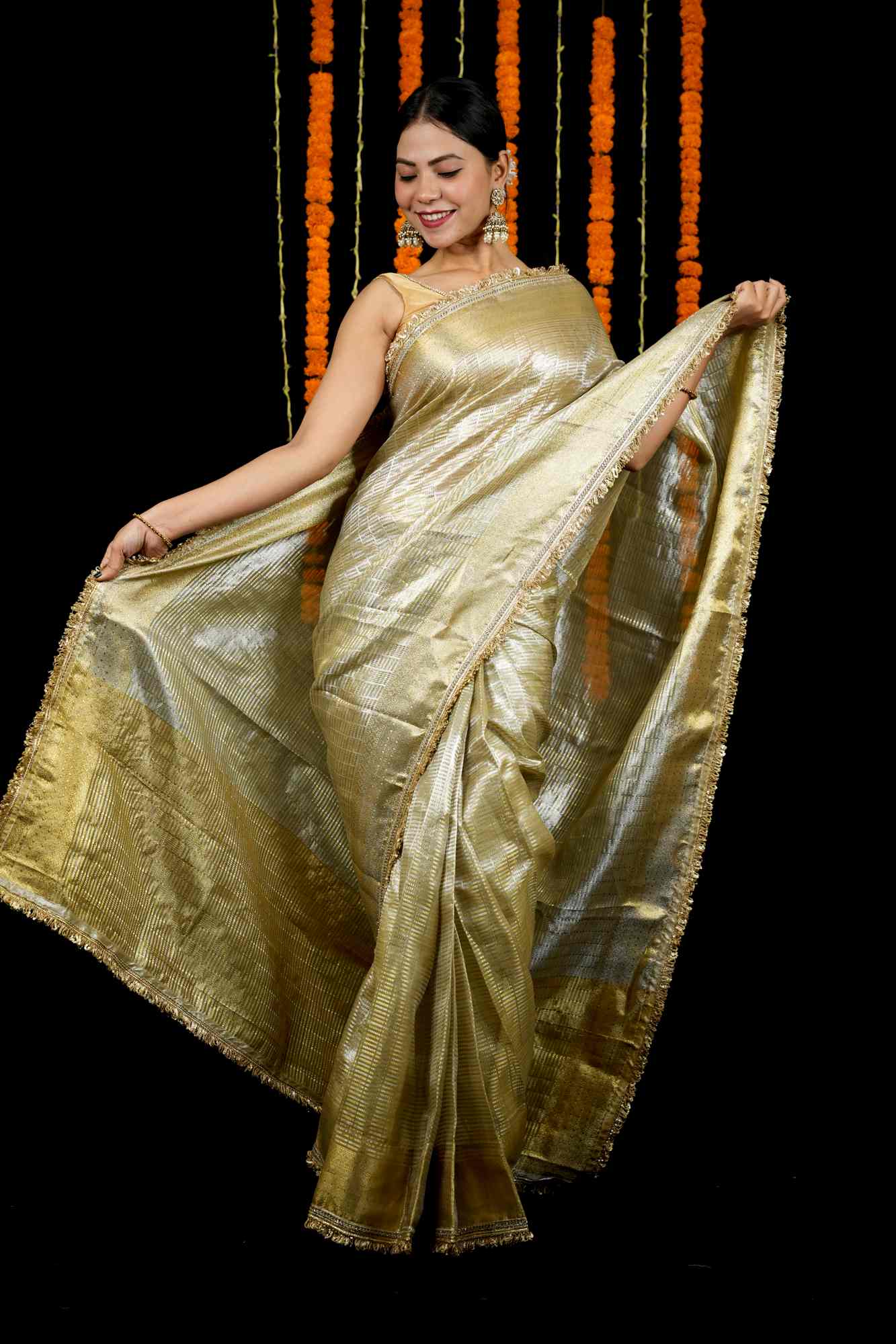 Golden Tissue with Textured Stripes & Sequin-Fringe Border Ready To Wear Saree - Image 2