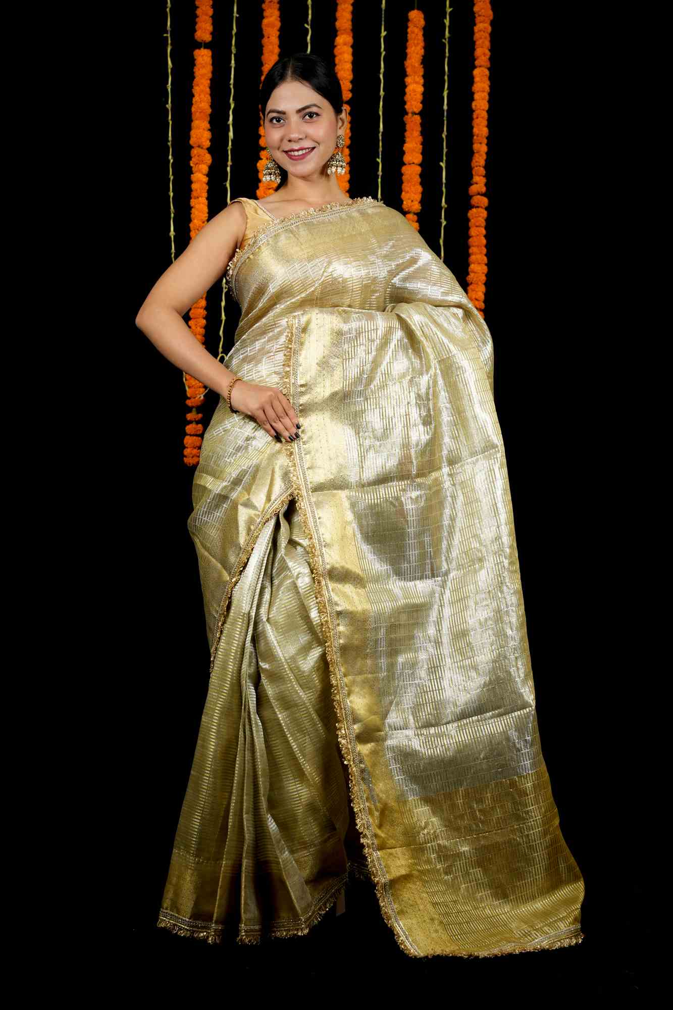 Golden Tissue with Textured Stripes & Sequin-Fringe Border Ready To Wear Saree - Image 3