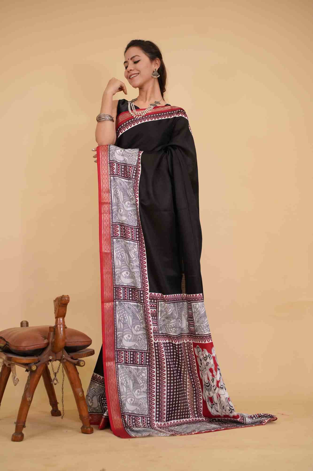 Elegant Madhubani Print Soft Cotton Saree with Self-Woven  & Zari Pattu Border Ready To Wear Saree - Image 3