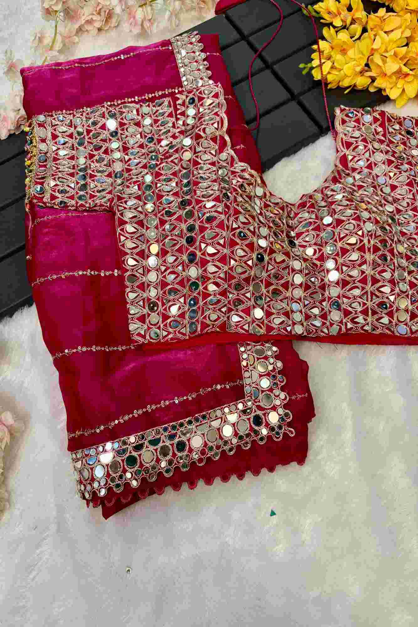 Elegant Mirror Work Embroidery With Soft Organza & Designer Blouse Wrap in 1 Minute Saree - Image 12