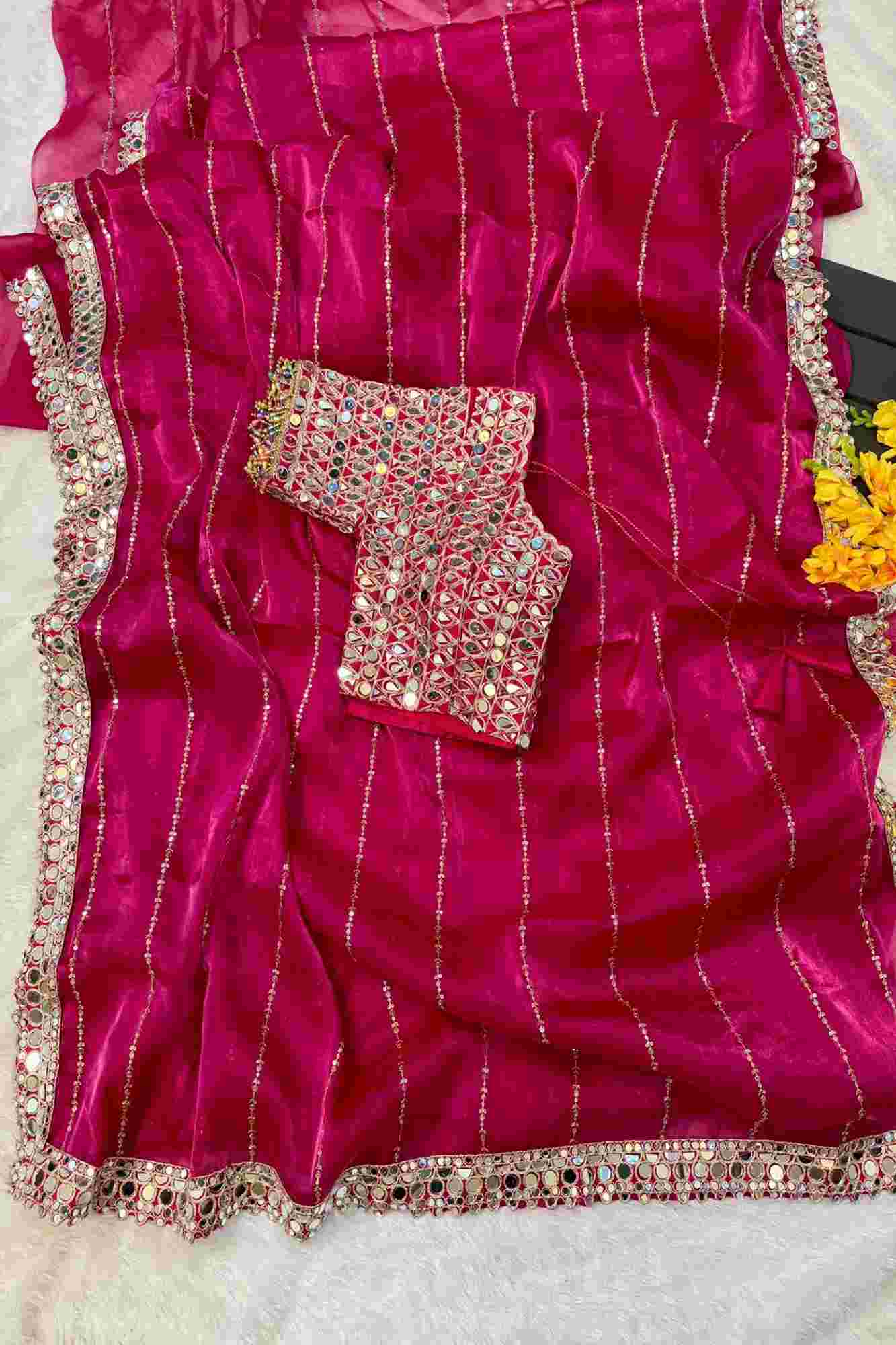 Elegant Mirror Work Embroidery With Soft Organza & Designer Blouse Wrap in 1 Minute Saree - Image 13