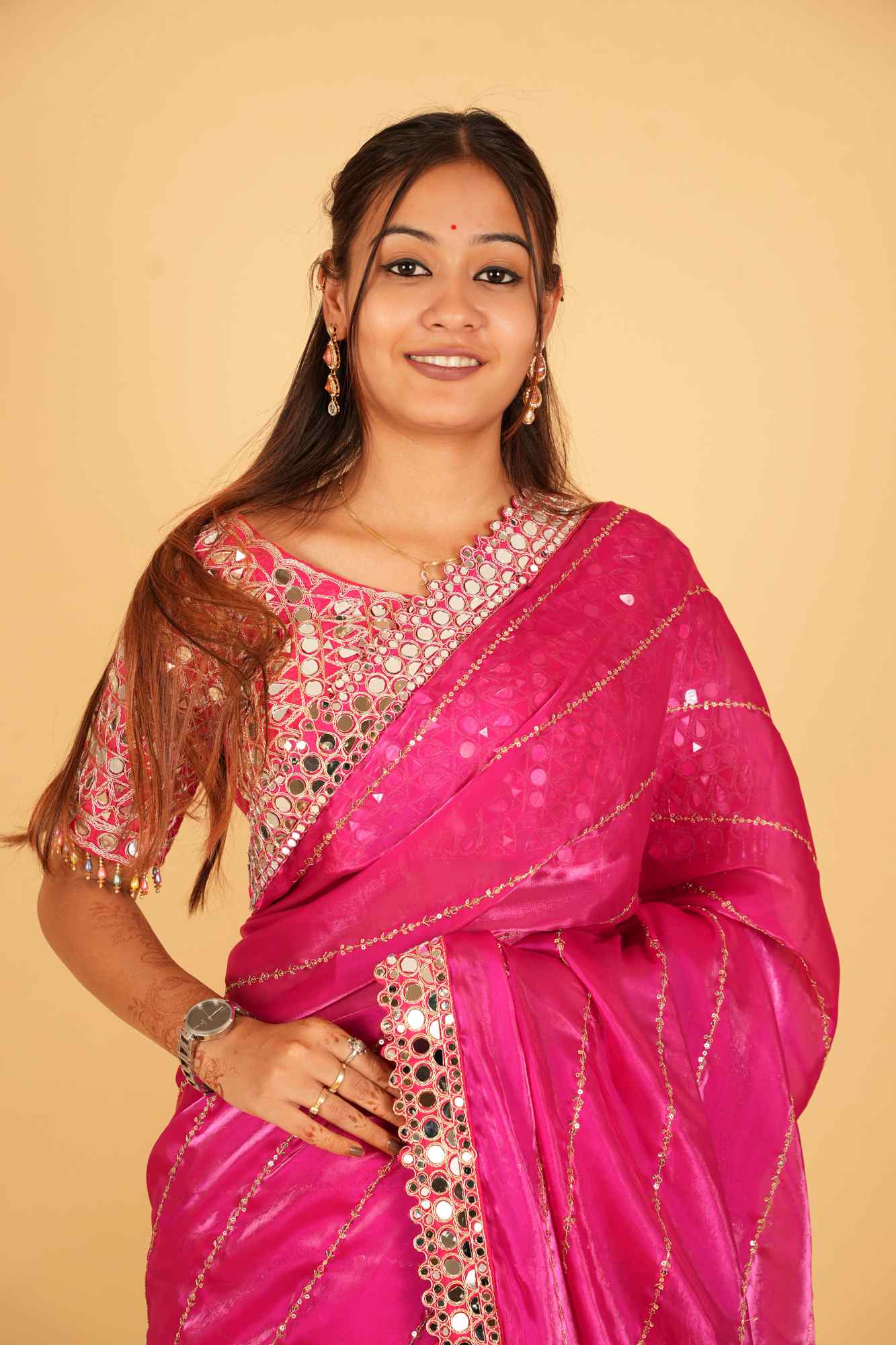 Elegant Mirror Work Embroidery With Soft Organza & Designer Blouse Wrap in 1 Minute Saree - Image 8