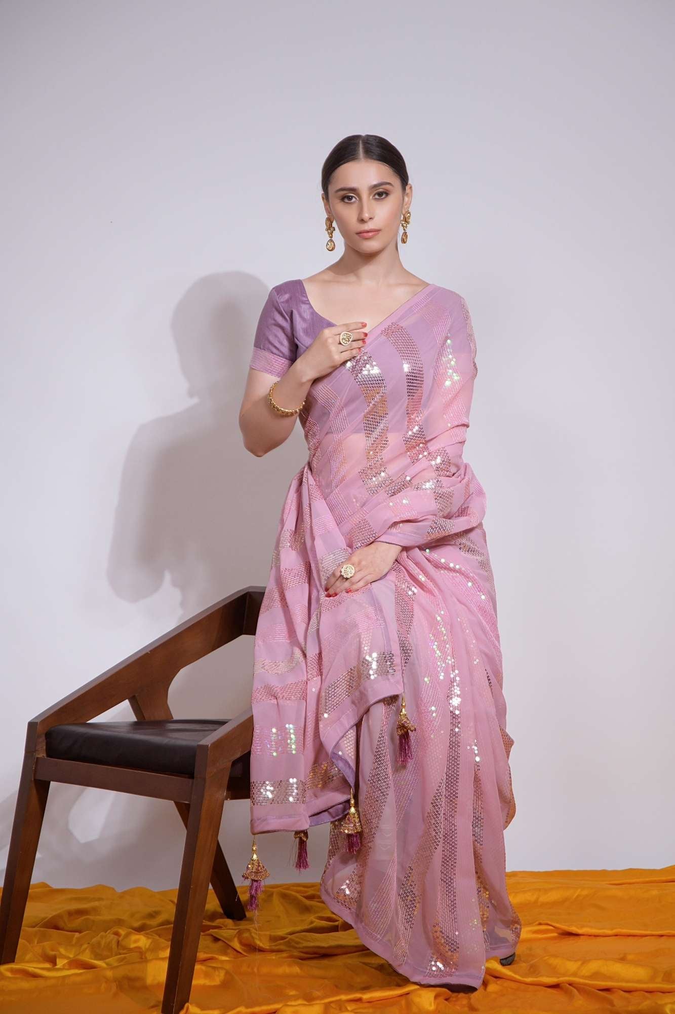 Elegant Party Wear Sequence Georgette Saree with Exquisite Latkan on Pallu Pre Drape Saree - Image 2