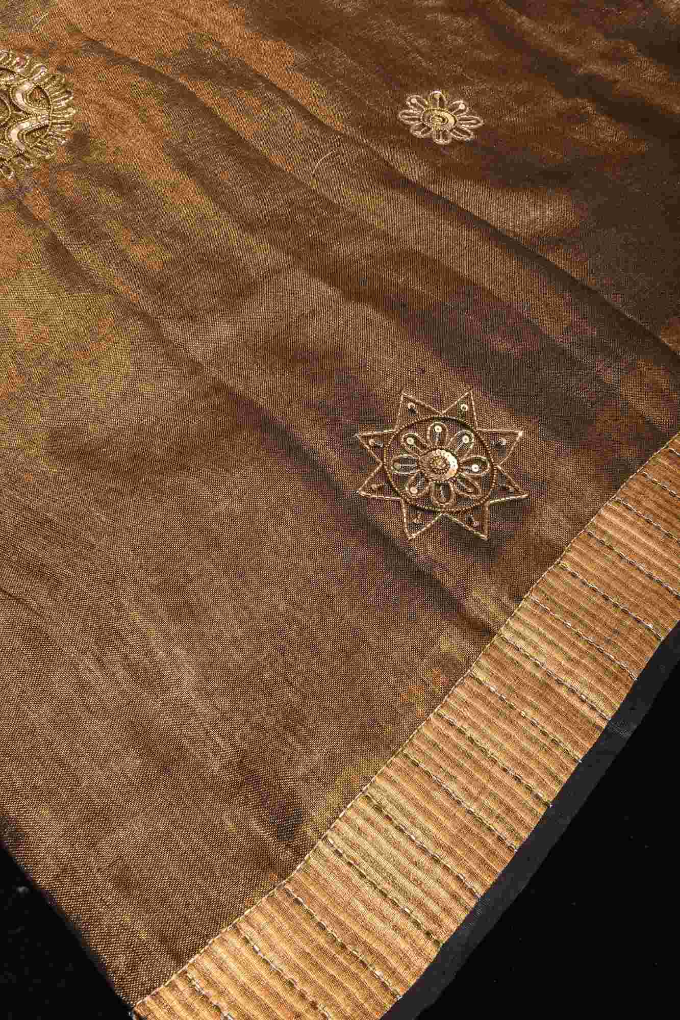Embroidery cut dana with seqins Work Tissue Linen Saree in copper black with dramatic work Pallu - Image 12